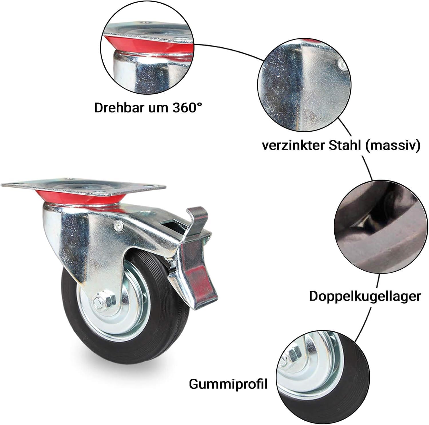 PRIOstahl Transportrollen 200mm Gummi Schwarz 4 Stück Bremse