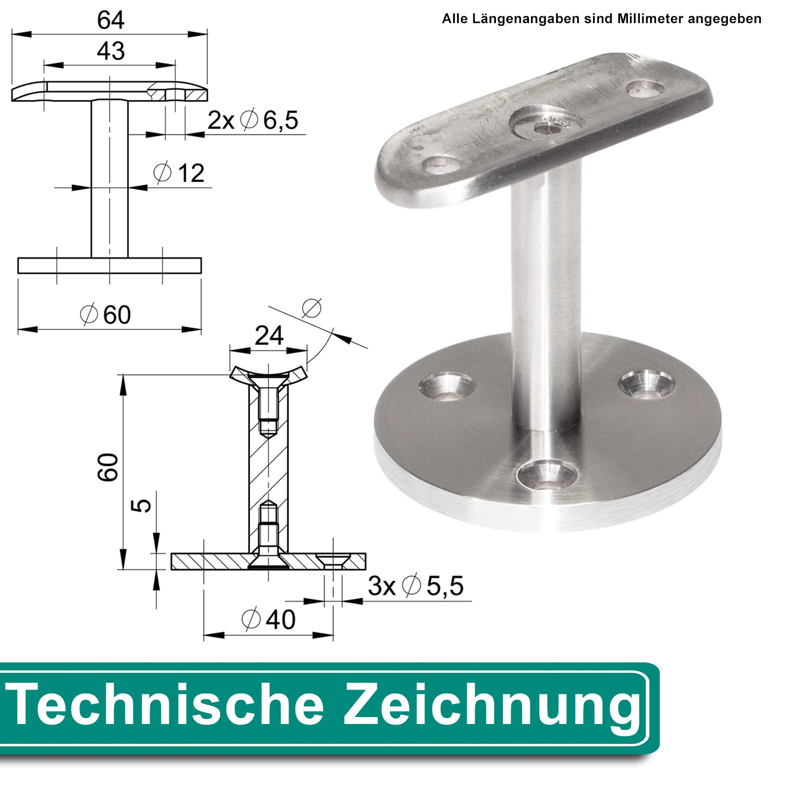 PRIOstahl Geländerbau Handlaufhalter 42,4 mm Edelstahl 1 Stück