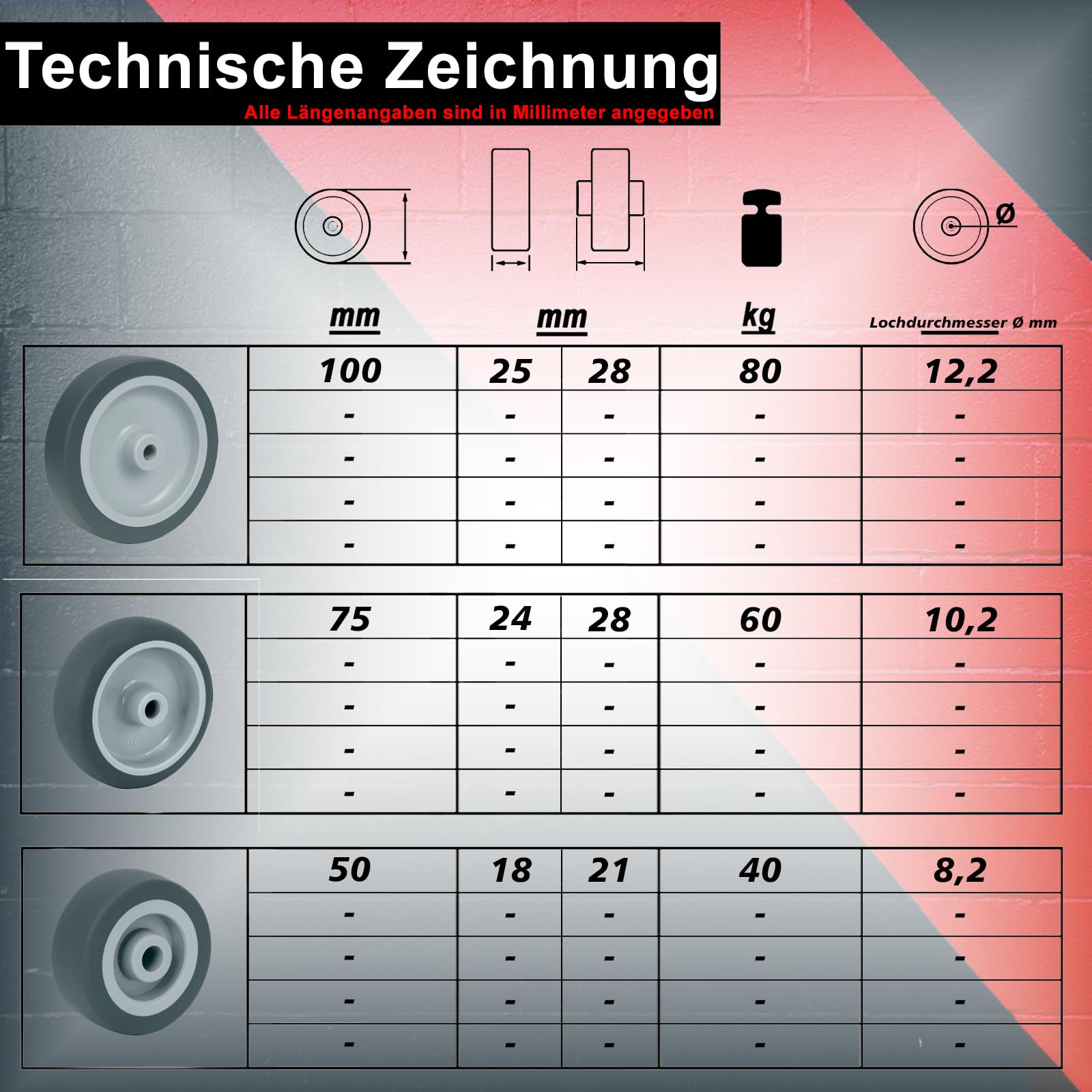 PRIOstahl Transportrollen Ersatzrollen 75mm grau 4 Stück TPE