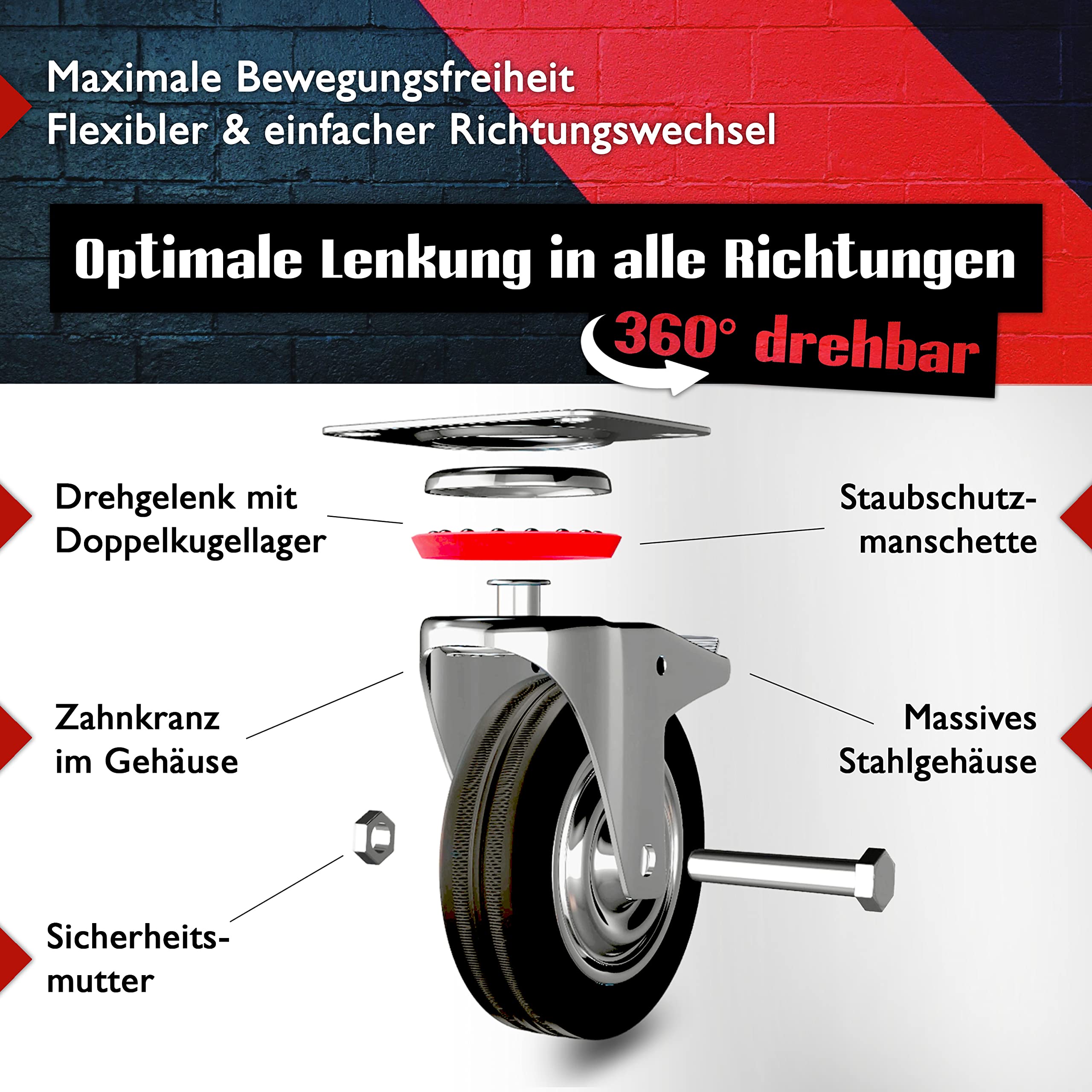 PRIOstahl Transportrollen 200mm Schwerlastrollen Set 4x mit Bremse