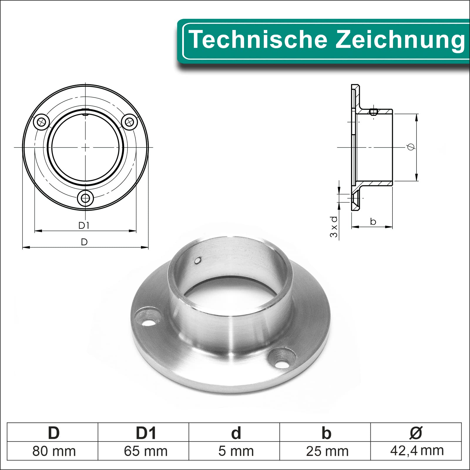 PRIOstahl Wandflansch 42,4mm Edelstahl V2A Rohrflansch