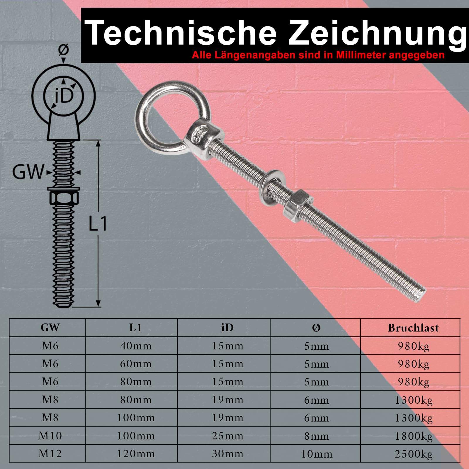 PRIOstahl Augbolzen M8x80 Ringschraube V4A 8 Stück