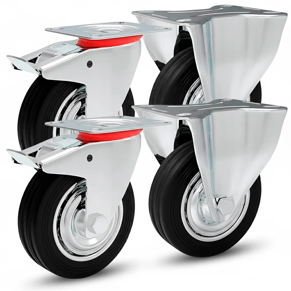 PRIOstahl Transportrollen 200mm Gummi Schwarz 4 Stück Bremse