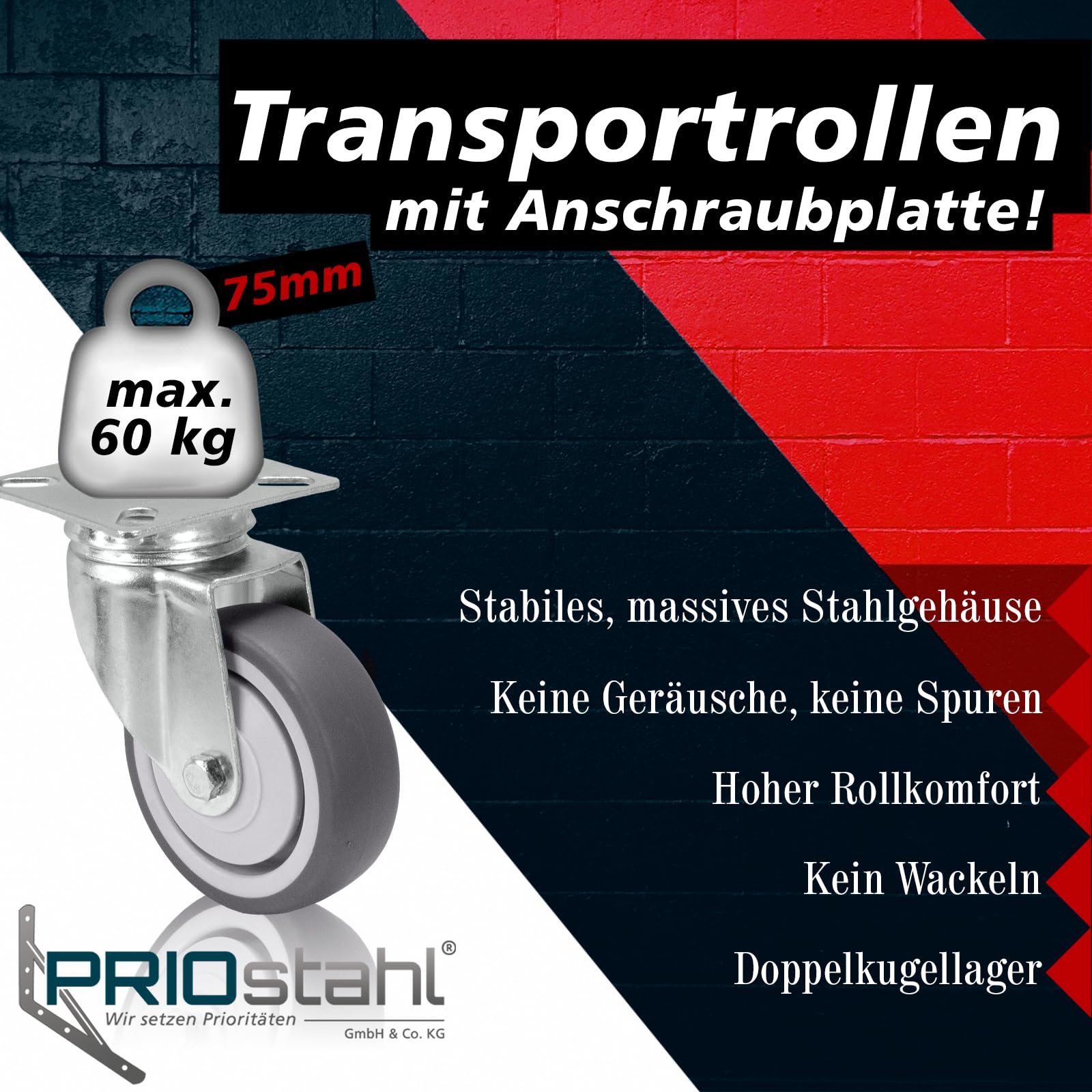 PRIOstahl Transportrollen Lenkrolle 75 mm TPE 1 Stück