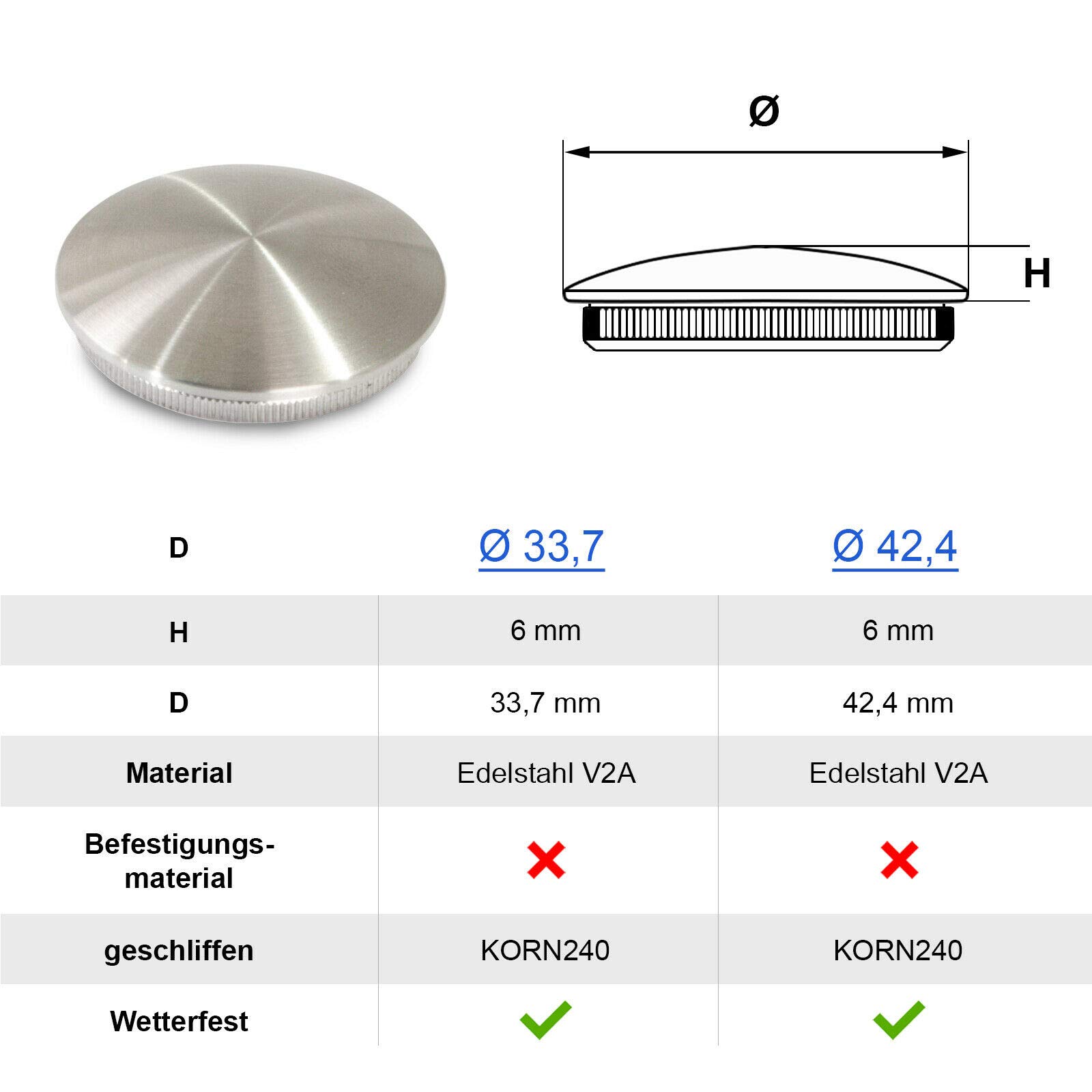 PRIOstahl Endkappe 42,4mm Rohrstopfen V2A Gewölbt Voll