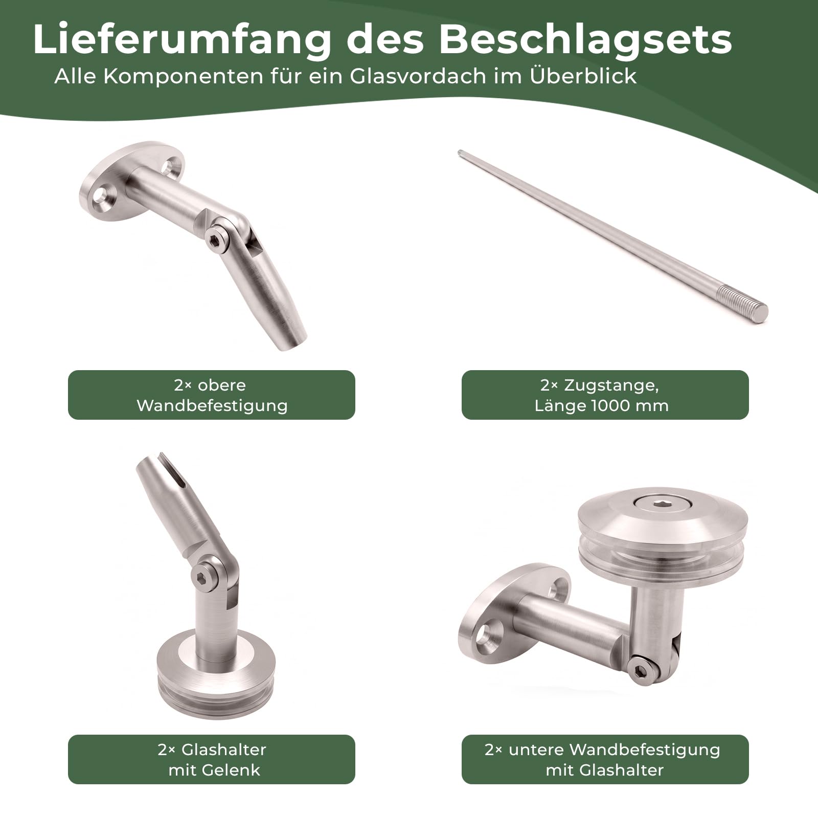 PRIOstahl Beschlagsatz Glasvordach Edelstahl V2A Komplett-Set