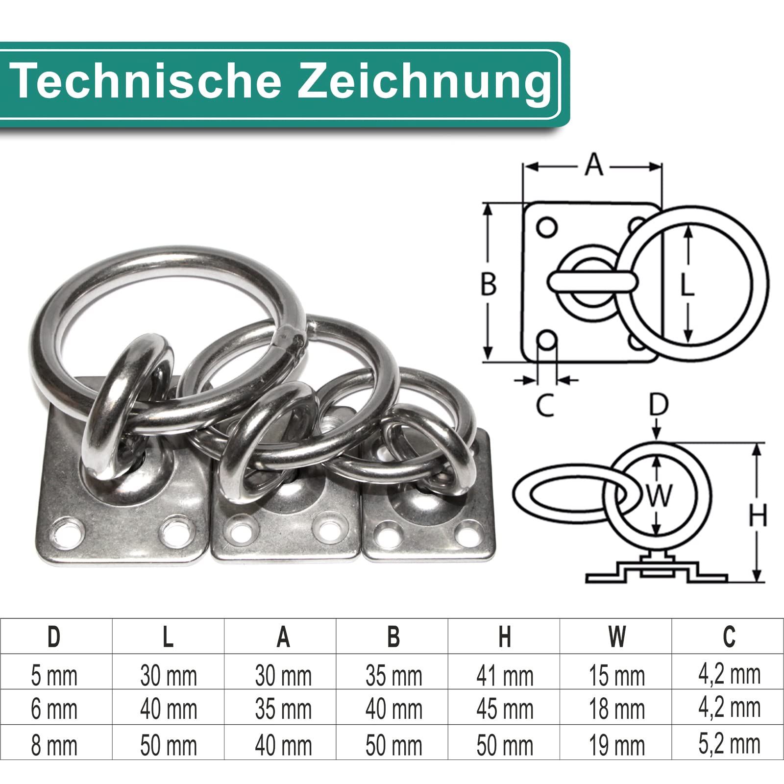 PRIOstahl Augplatte mit Wirbel Ring 8x50mm Edelstahl 1Stk