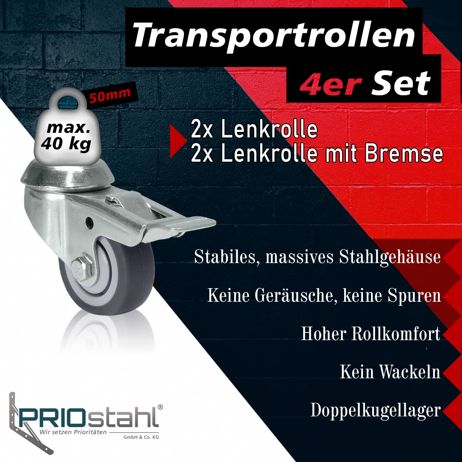PRIOstahl Transportrollen 50mm Möbelrollen mit Bremse 4er Set