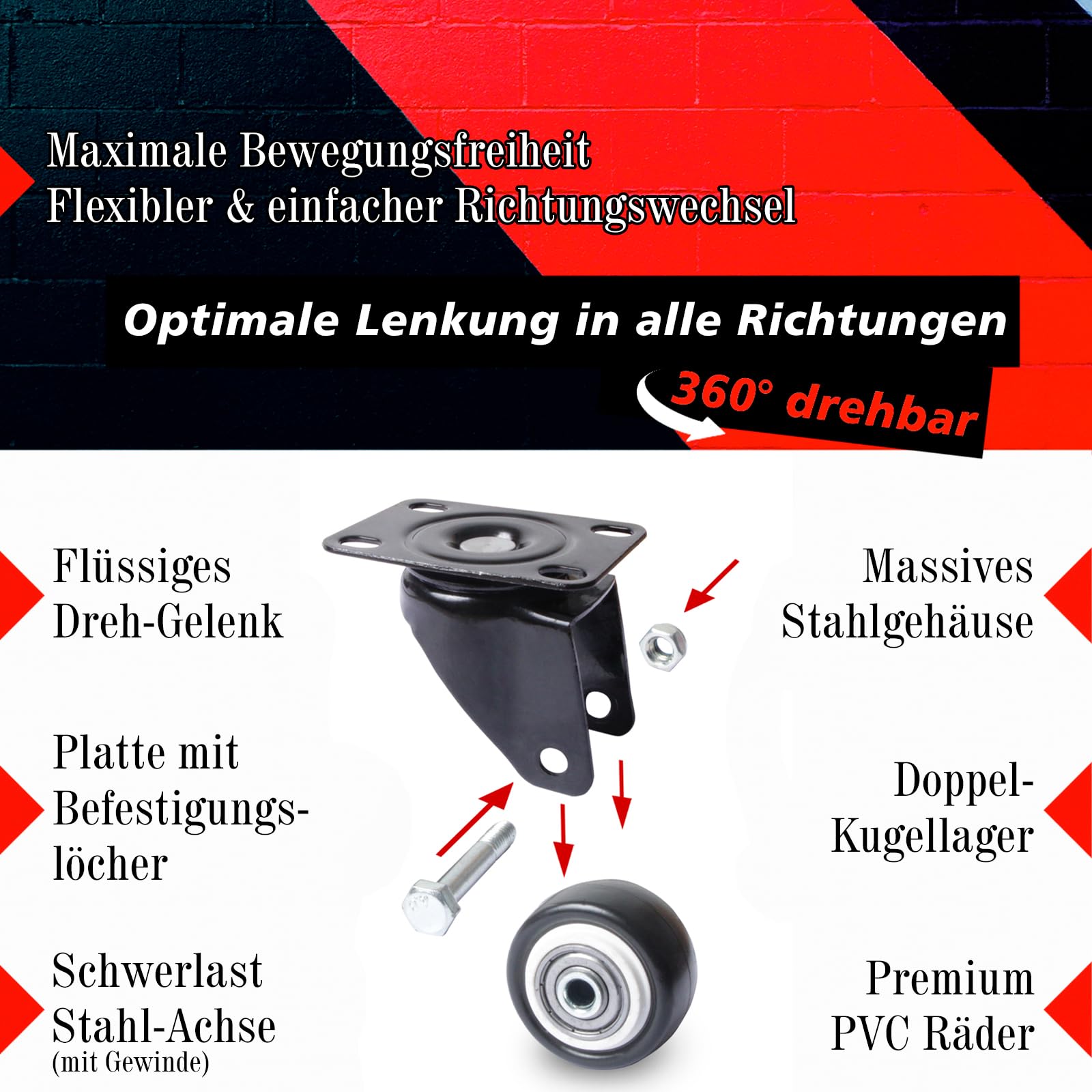 PRIOstahl Transportrollen Möbelrollen 40mm schwarz 4er Set
