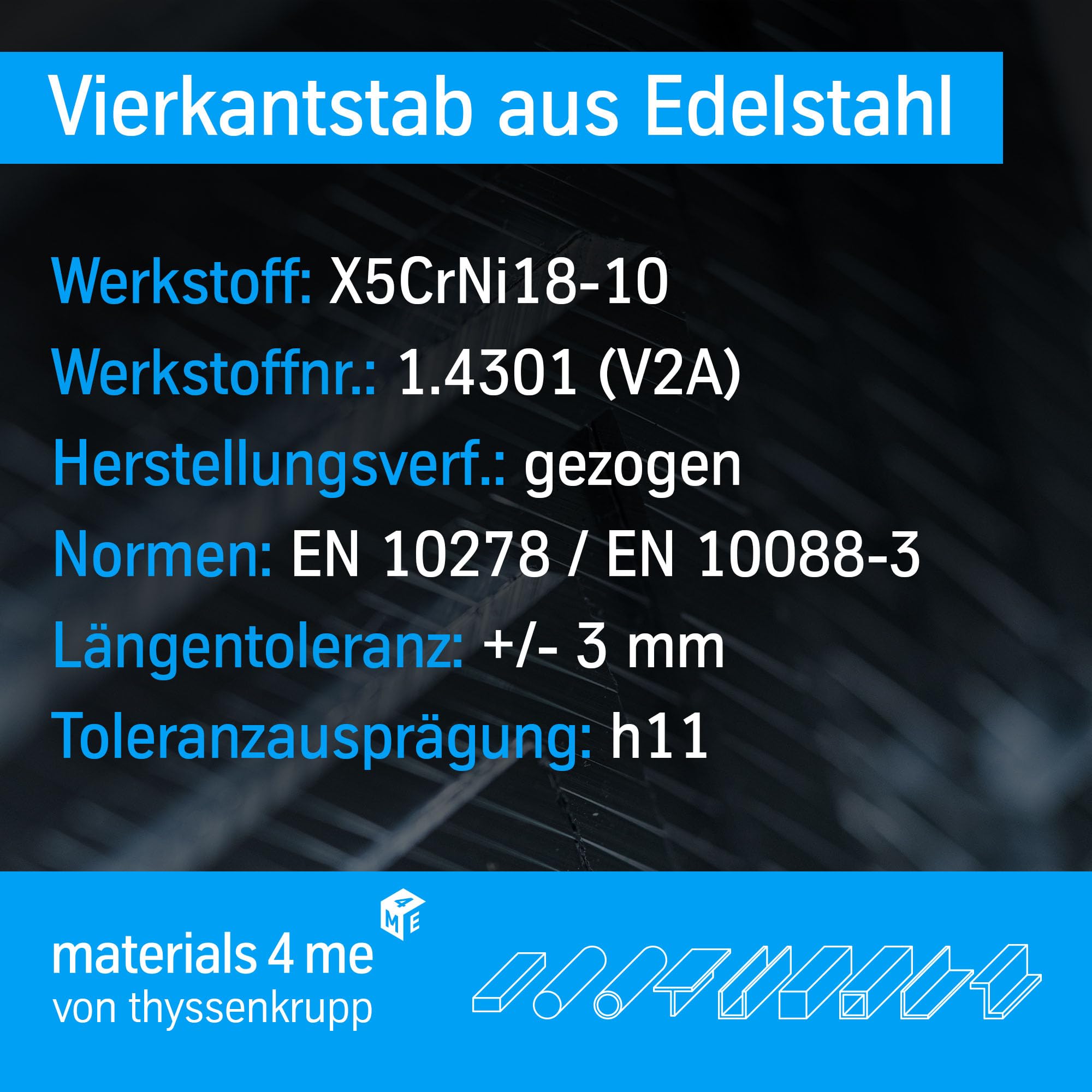 ThyssenKrupp Vierkantprofil 10x10mm Edelstahl 1000mm V2A