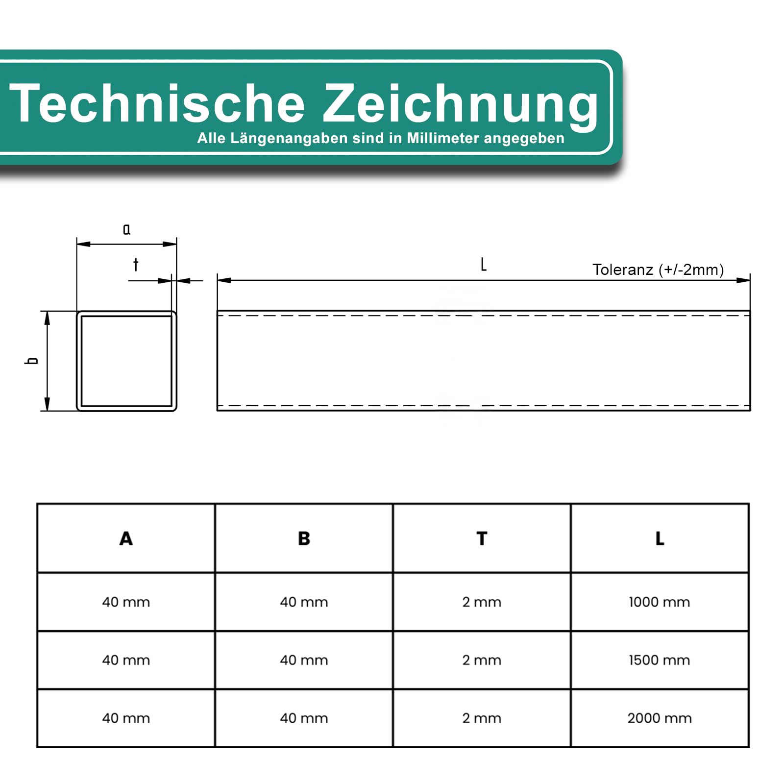 PRIOstahl Geländerbau Vierkantrohr 40x40x2 1500mm Edelstahl V2A