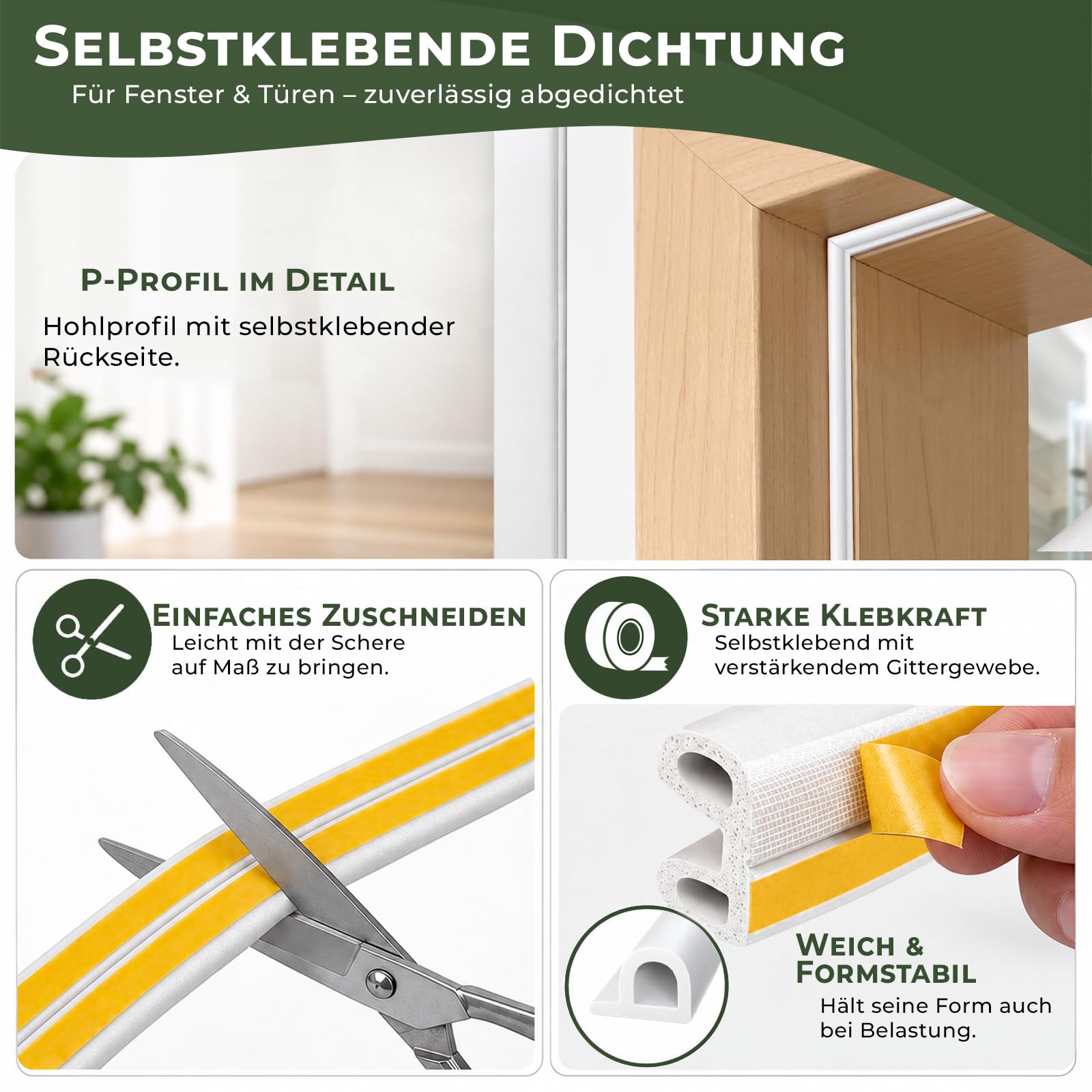 PRIOstahl Fensterdichtung P-Profil Dichtband selbstklebend 50m Weiß