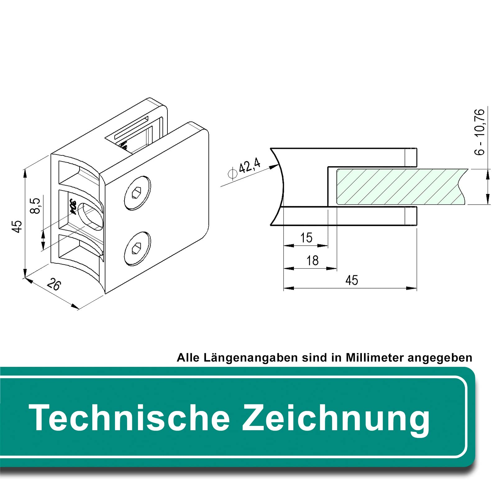 PRIOstahl Glashalter 42,4mm 4 Stück für 6mm Glas