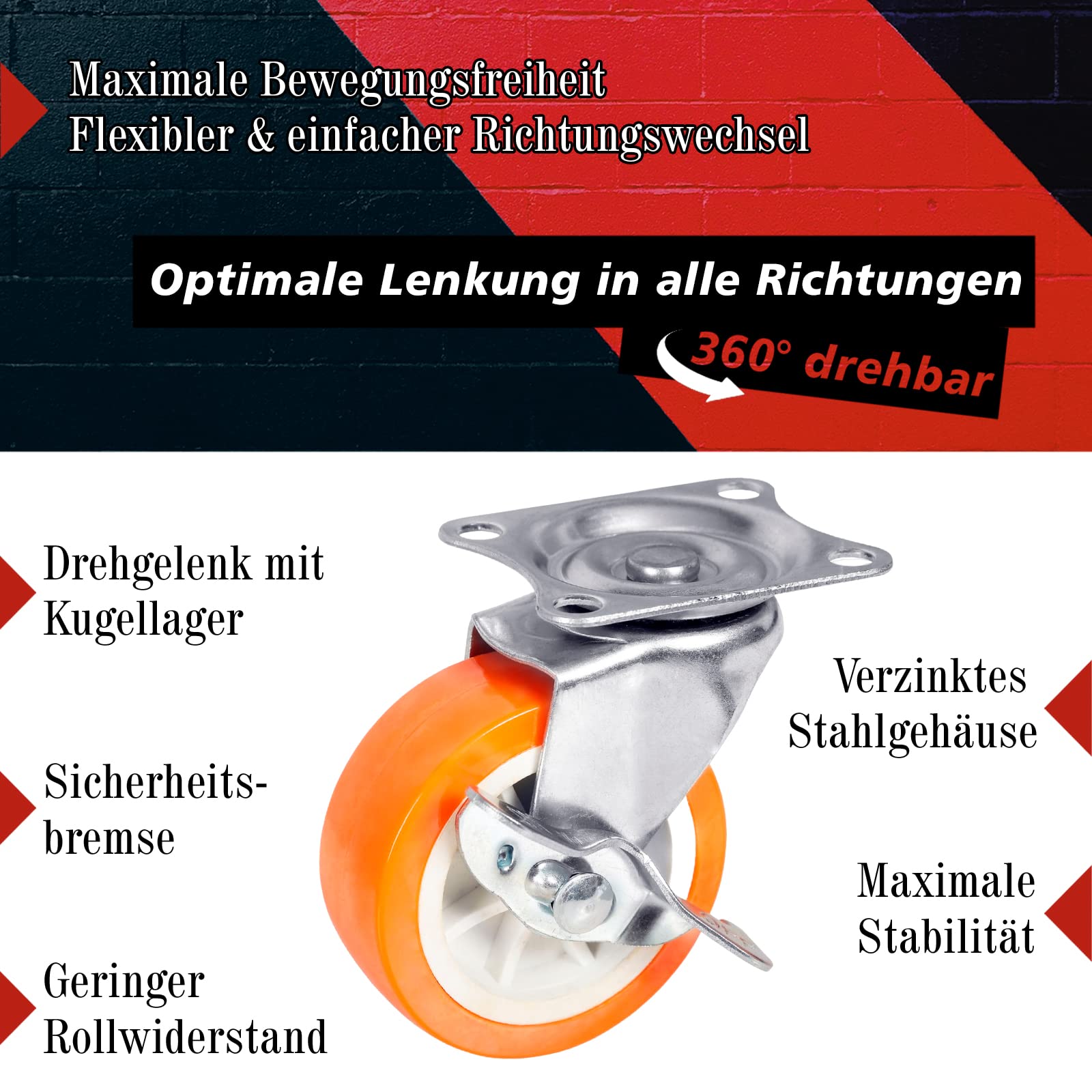 PRIOstahl Transportrollen 75 mm 4er Set orange mit Bremse