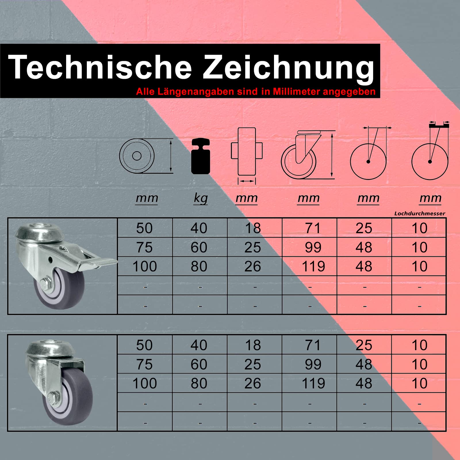 PRIOstahl Transportrollen 50mm Möbelrollen mit Bremse 4er Set