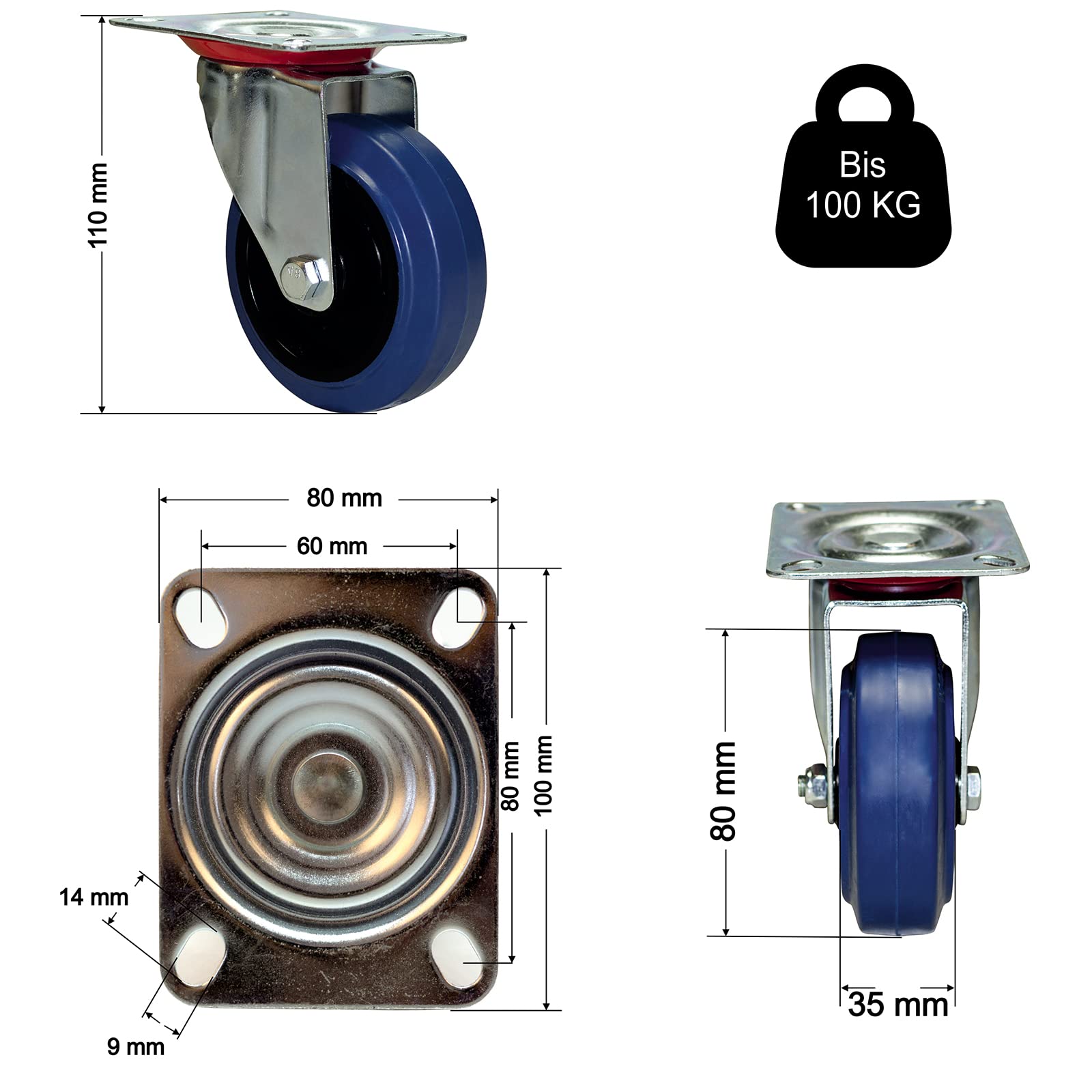 PRIOstahl Transportrollen 80 mm Set 4-tlg blau mit Bremse