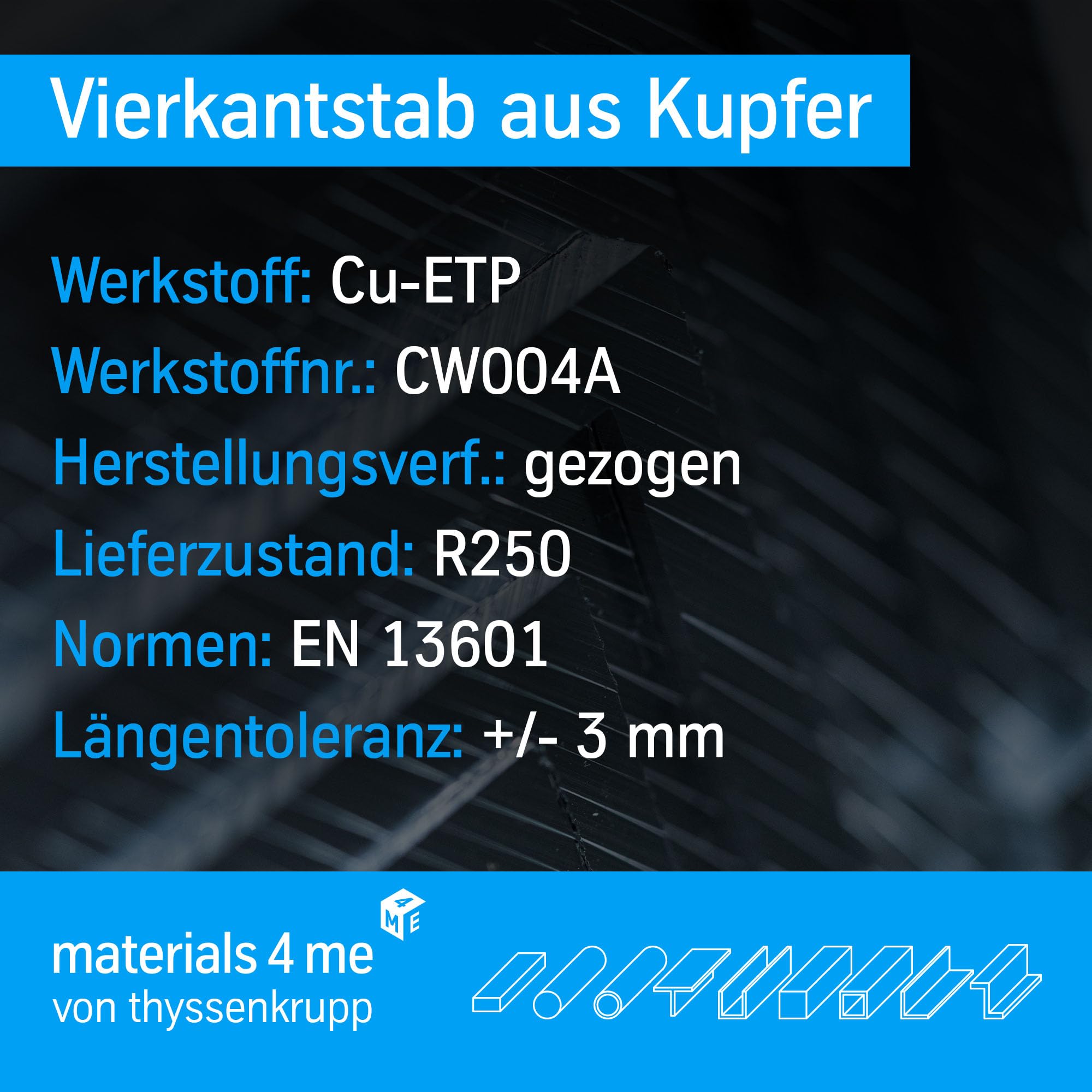 ThyssenKrupp Aluminum Kupfer Vierkantstab 10x10mm 2000mm CW004A
