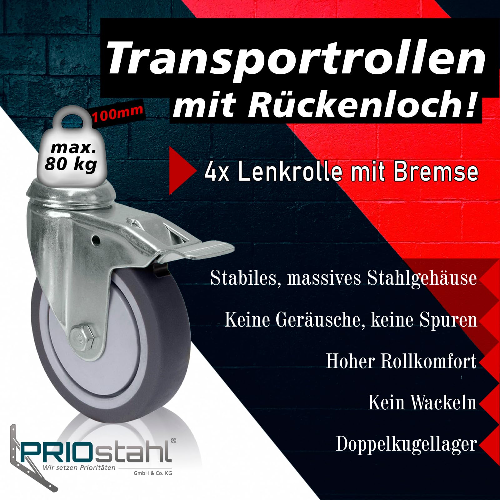 PRIOstahl Transportrollen 100mm Lenkrollen mit Bremse 4er Set