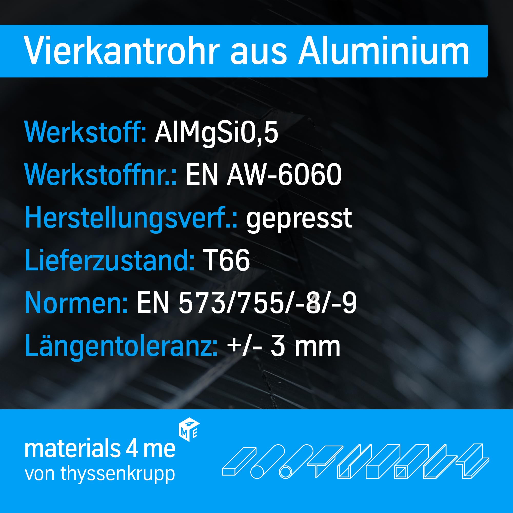ThyssenKrupp Aluminum Vierkantrohr 20x20x2 mm 1500 mm EN AW-6060