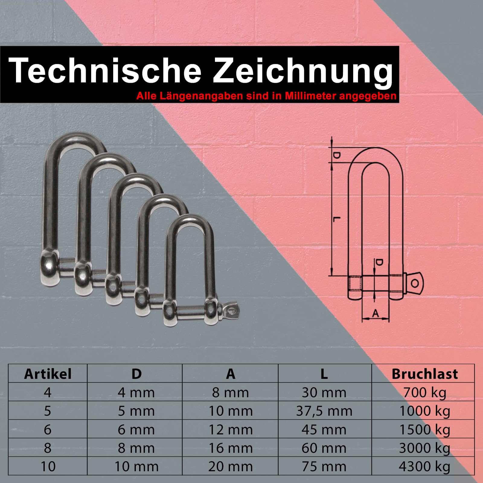 PRIOstahl Geländerbau Schäkel Lang M8 Schäkel 60mm V4A
