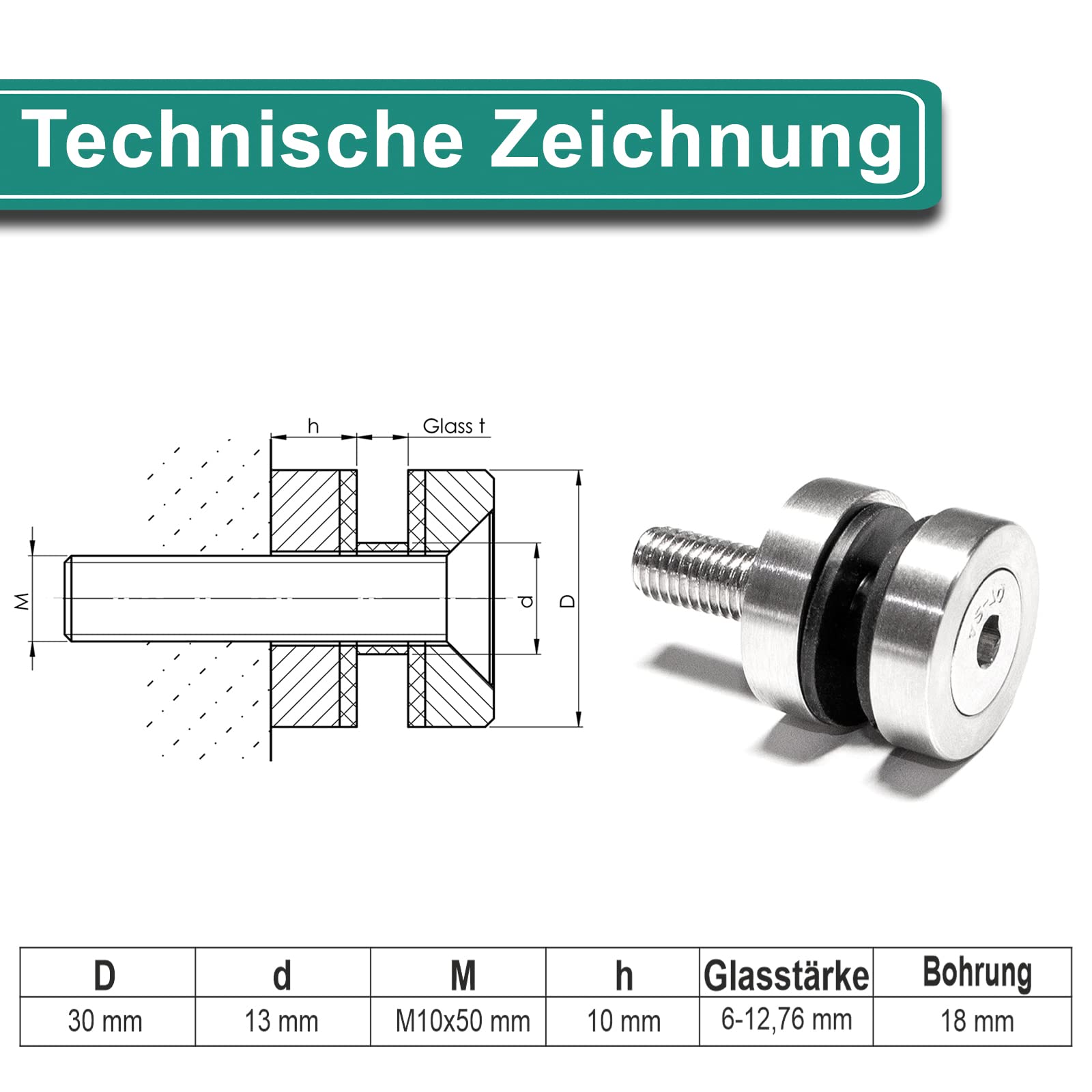 PRIOstahl Glaspunkthalter Ø42,4mm flach 8 Stück V2A