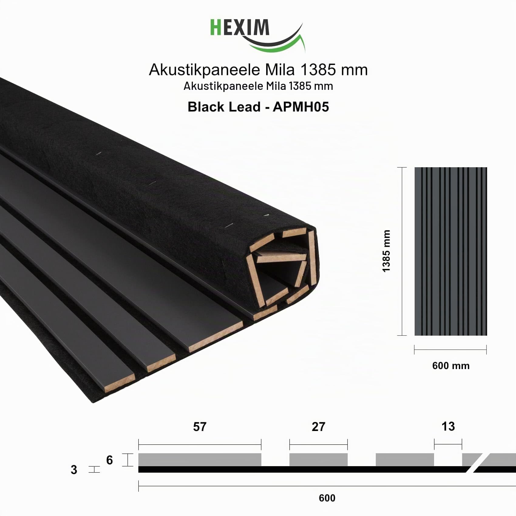 Hexim Akustikpaneele Mila 138,5x60 4er Black Lead 3,32 m²
