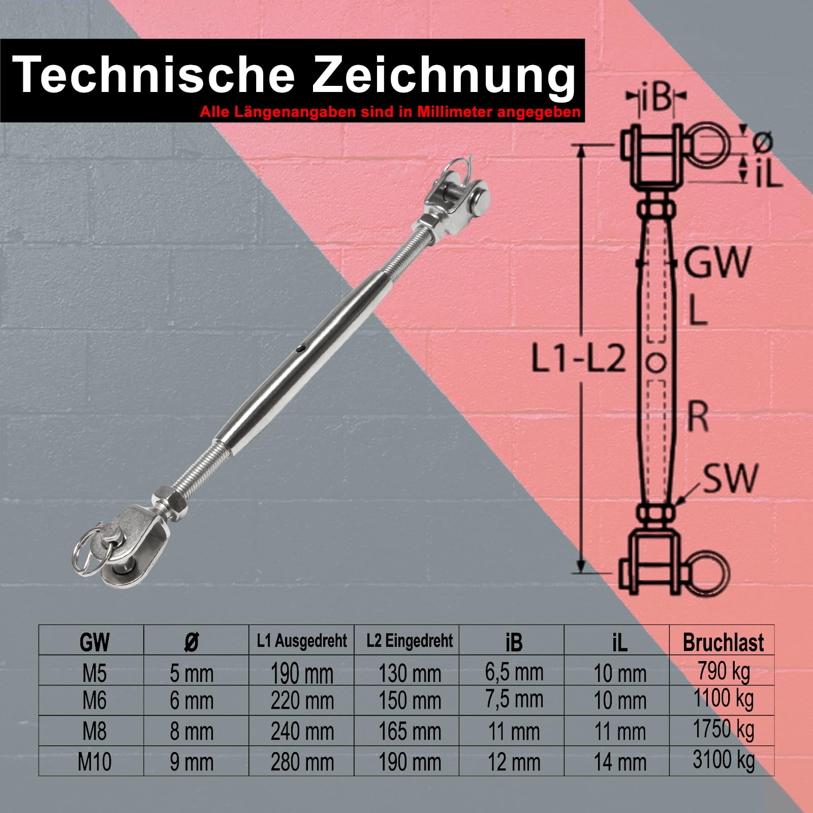 PRIOstahl Geländerbau Wantenspanner M8 Gabel Edelstahl V4A