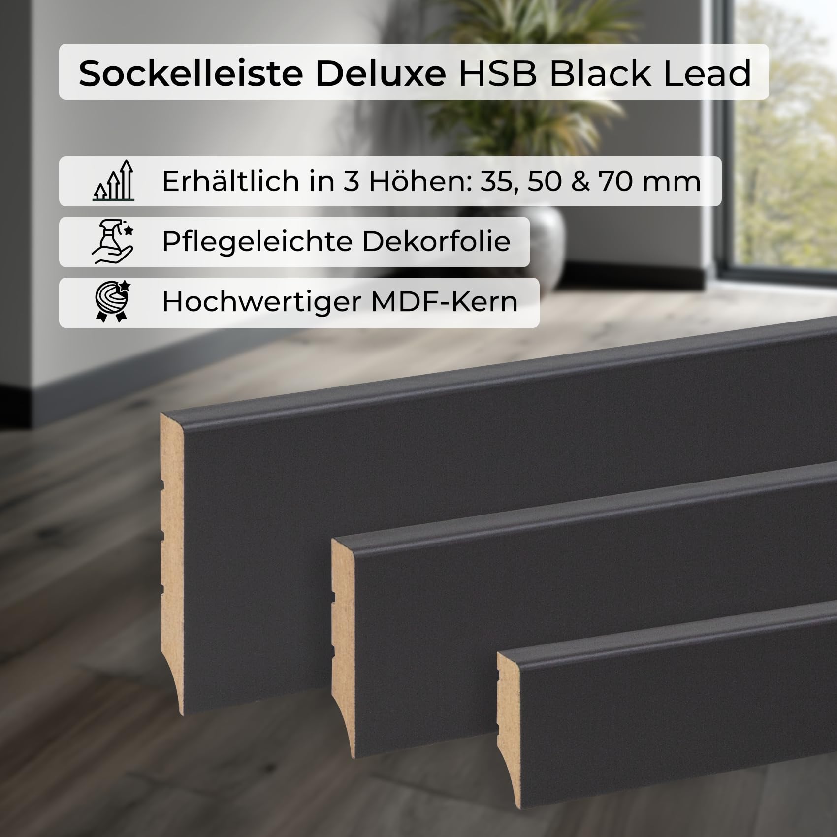Hexim Sockelleisten schwarz 2000x35x12 5 Stück MDF