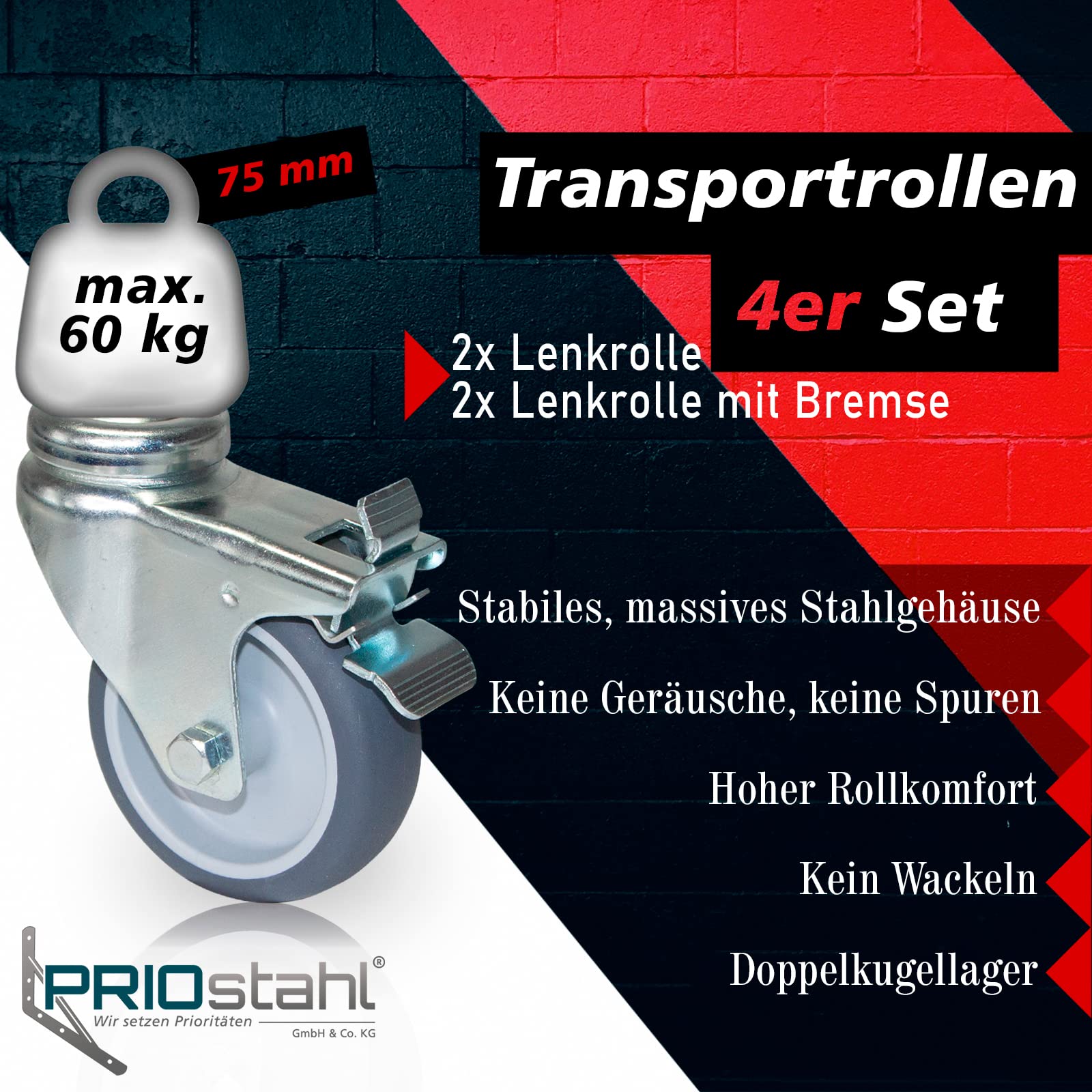 PRIOstahl Transportrollen 100mm Lenkrollen-Set 4er TPE mit Bremse