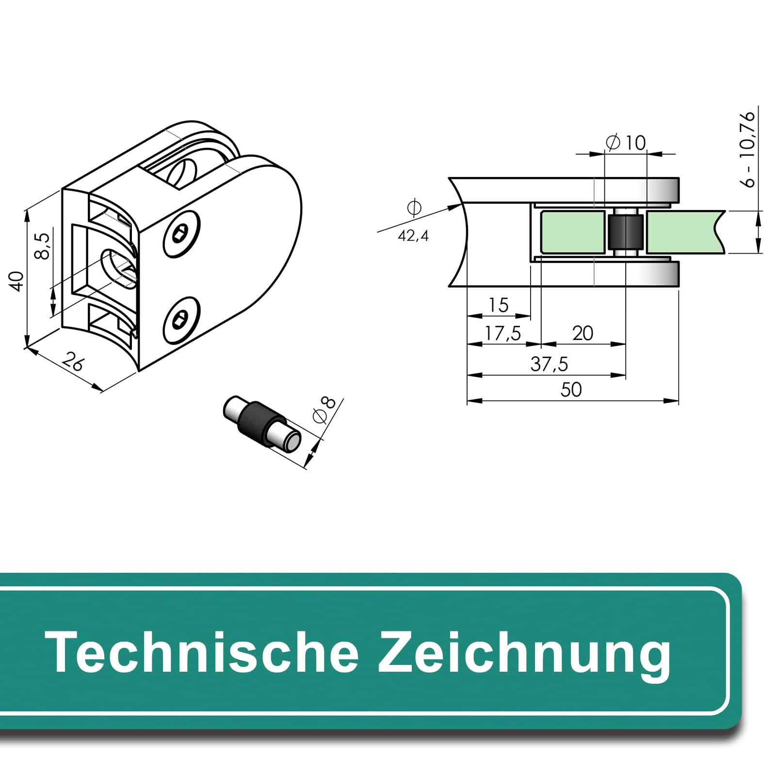 PRIOstahl Glashalter 42,4 mm 1,5 mm Edelstahl V2A 4 Stück