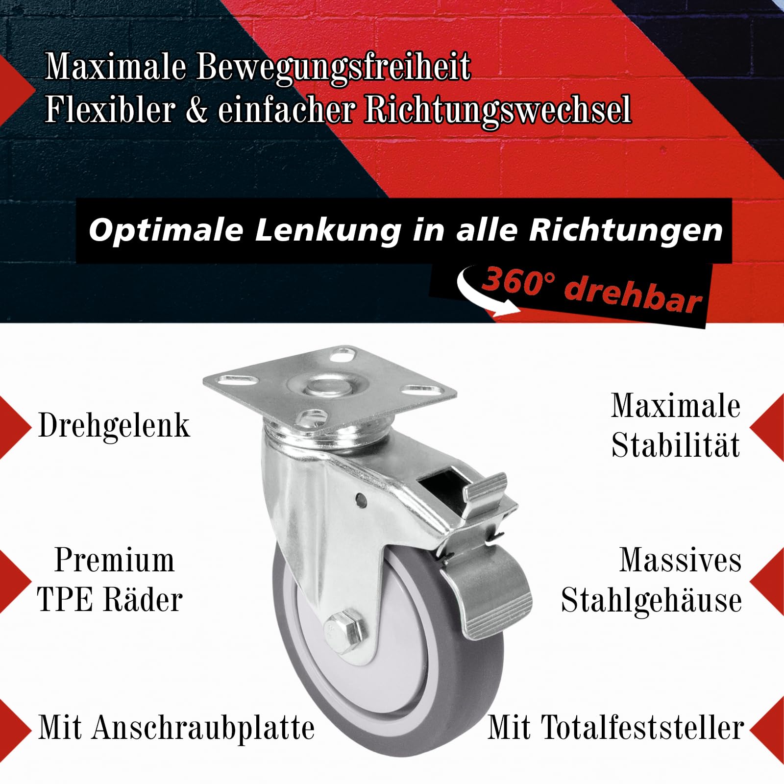 PRIOstahl Transportrollen 100 mm mit Bremse 4 Stück