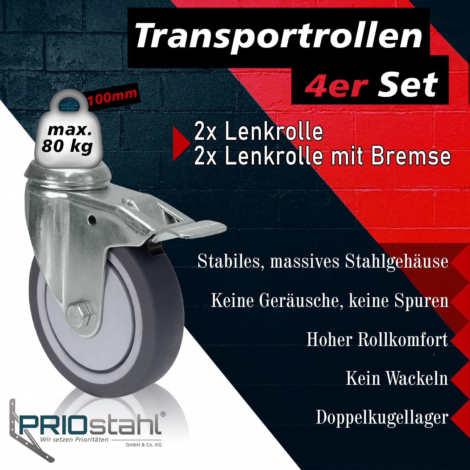 PRIOstahl Transportrollen 100mm Schwerlastrollen Rückenloch Bremse
