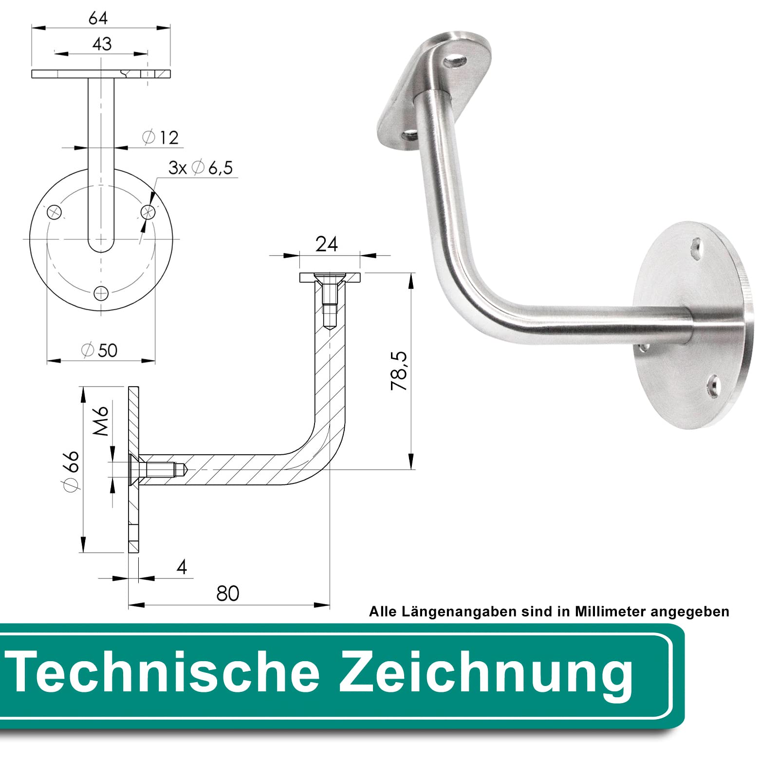 PRIOstahl Handlaufhalter Flach 3-Loch V2A 1 Stück