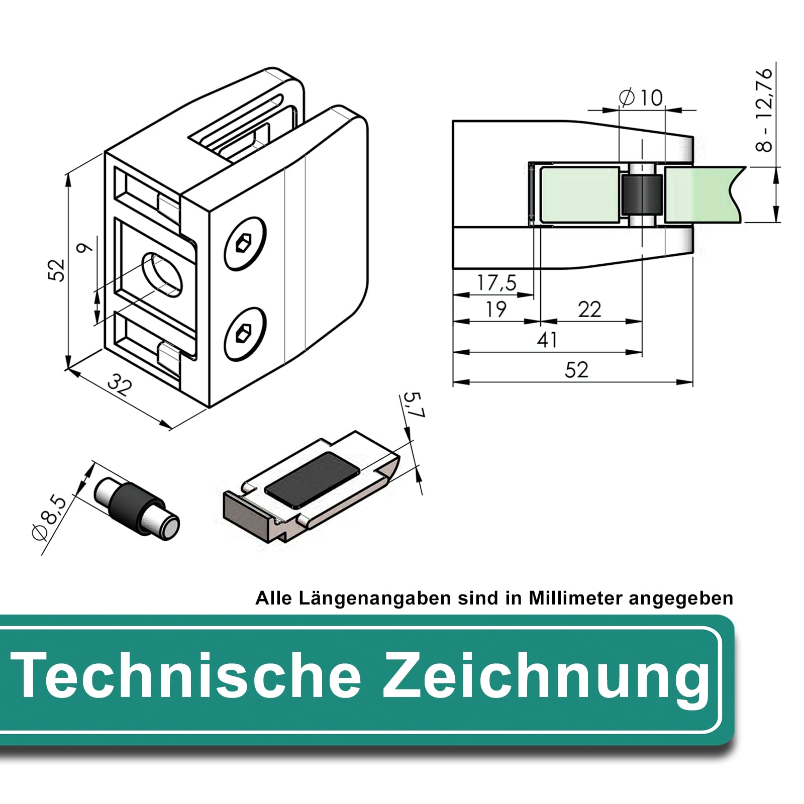 PRIOstahl Glashalter 52x52x32 mm V2A 12,76 mm flach 4 Stk