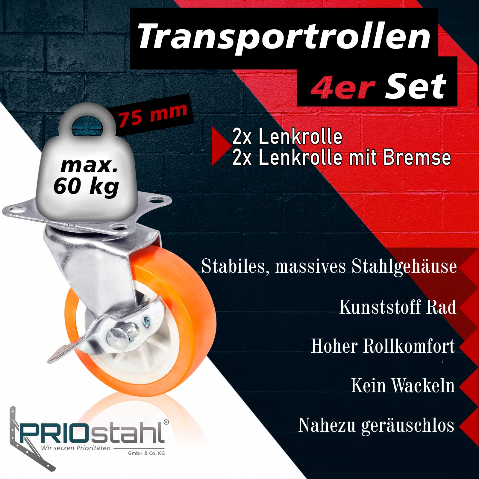 PRIOstahl Transportrollen 75 mm 4er Set orange mit Bremse