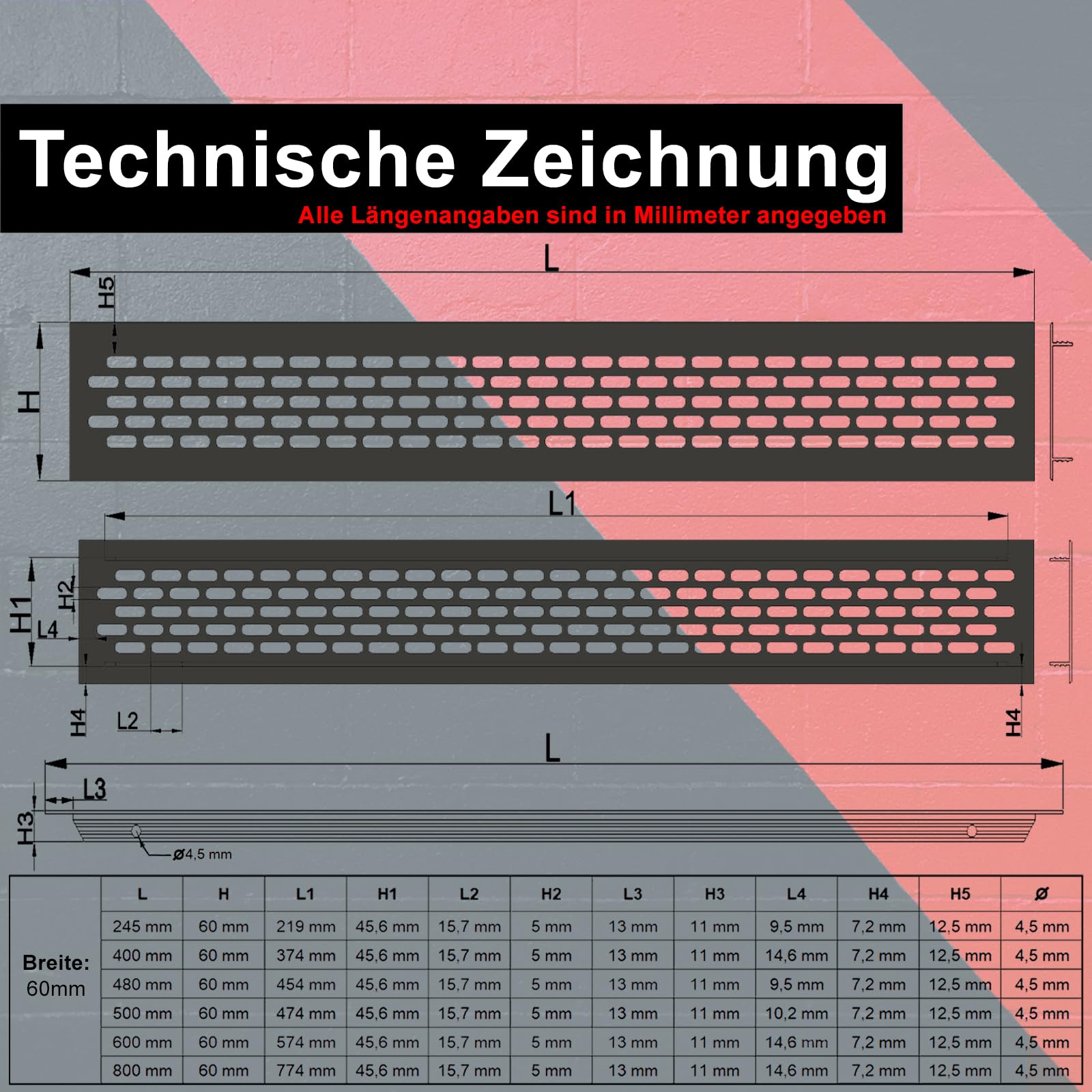 PRIOstahl Lüftungsgitter Alu 60x400mm Edelstahl gebürstet