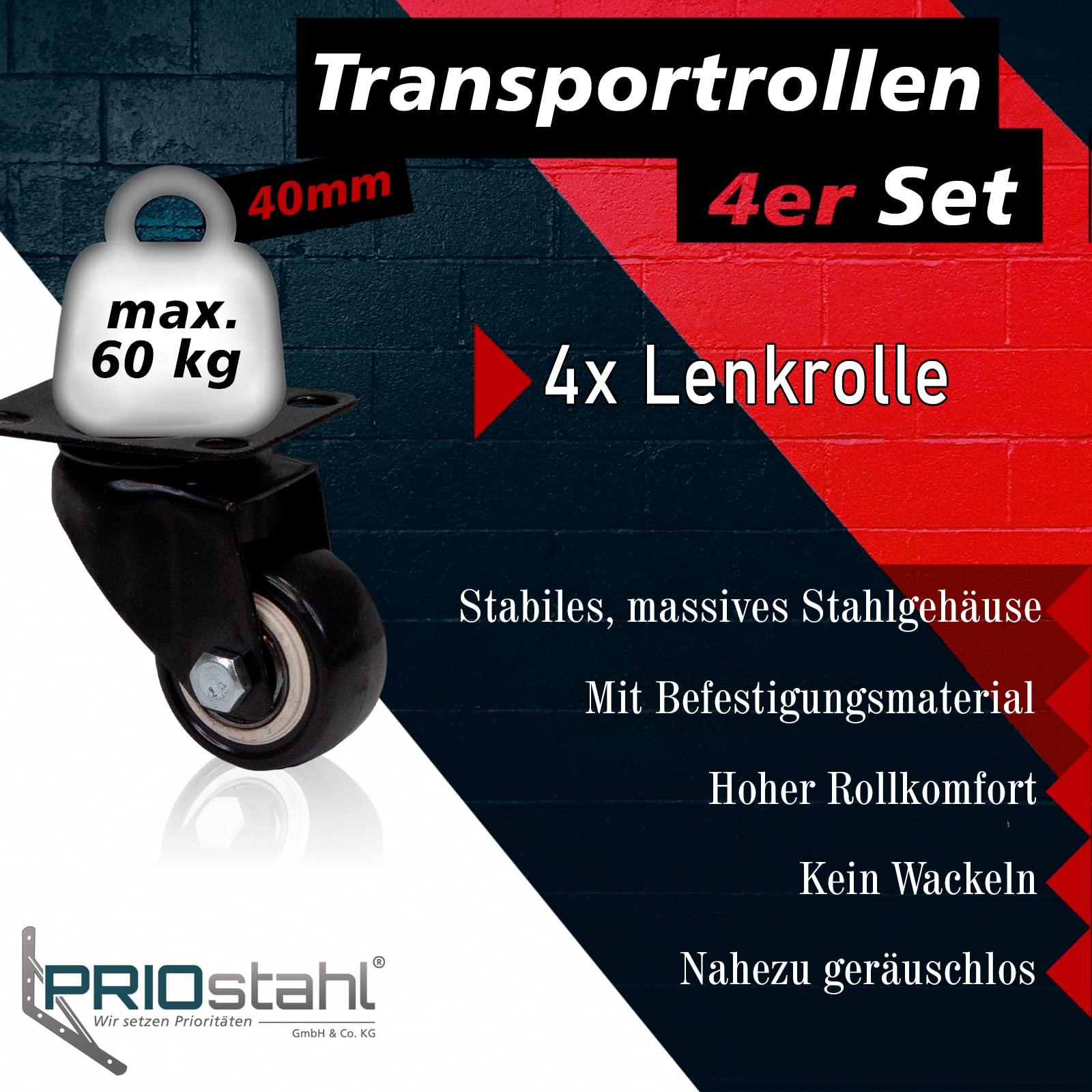 PRIOstahl Transportrollen Möbelrollen 40mm schwarz 4er Set