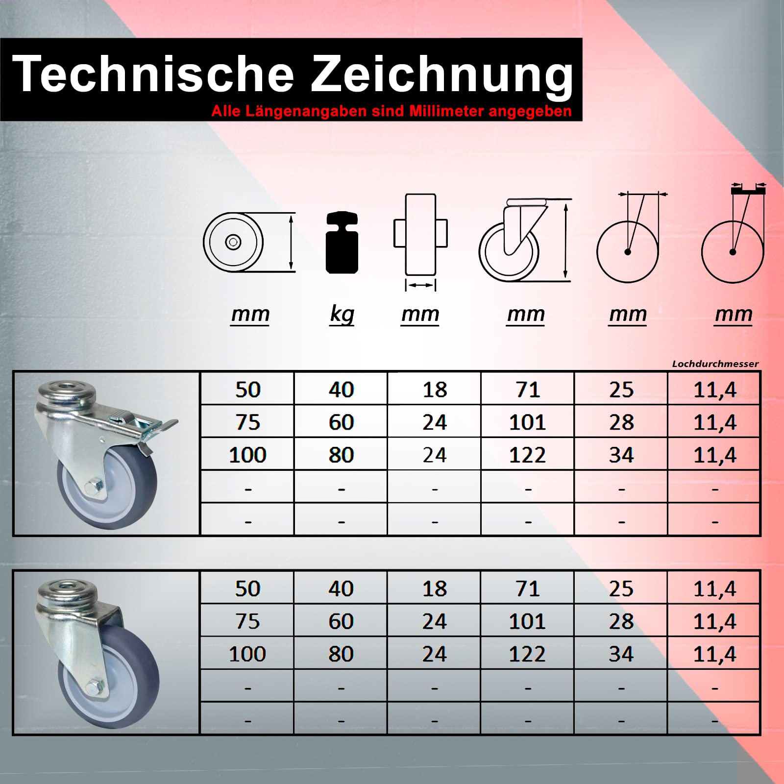 PRIOstahl Transportrollen 100mm Lenkrollen-Set 4er TPE mit Bremse
