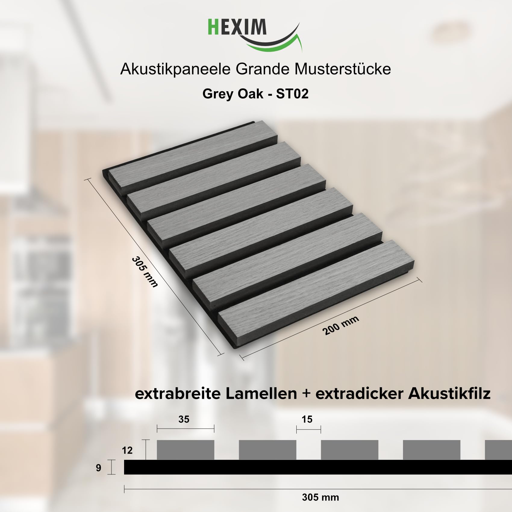 Hexim Akustikpaneele Musterstück Grey Oak 200x305 mm