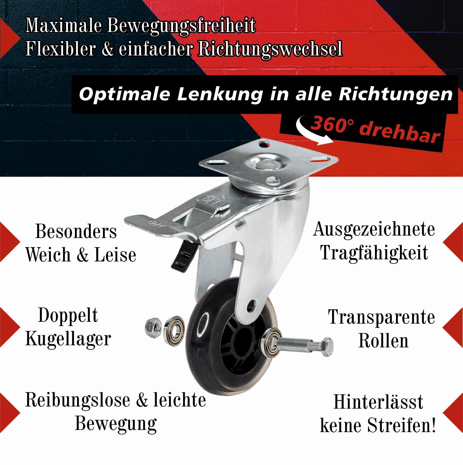 PRIOstahl Transportrollen 100mm Set 4 transparent mit Bremse