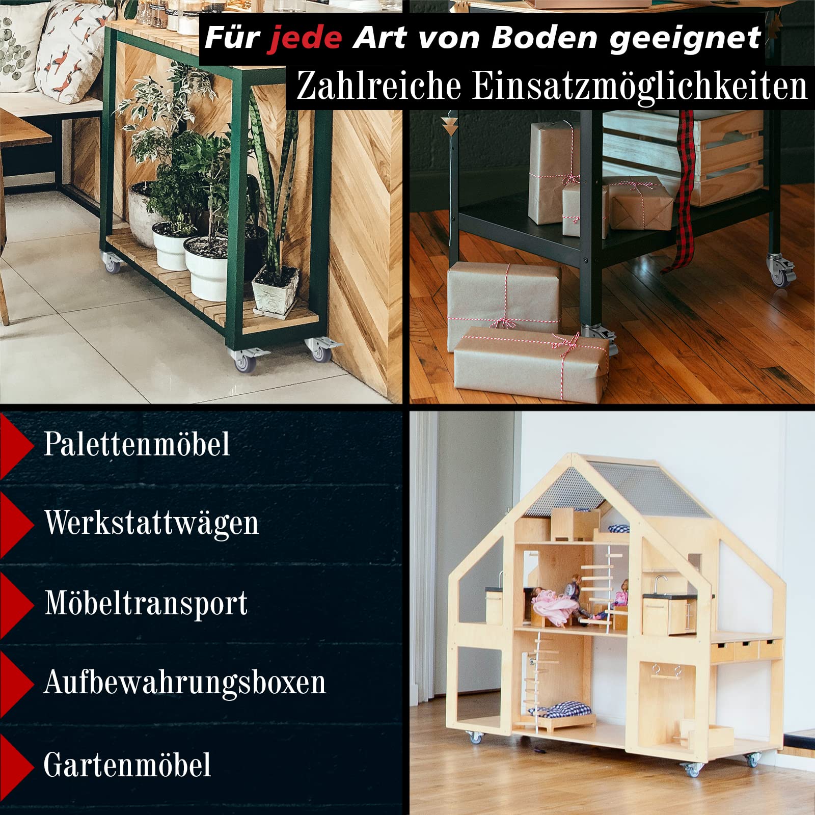 PRIOstahl Transportrollen 50mm Möbelrollen mit Bremse 4er Set