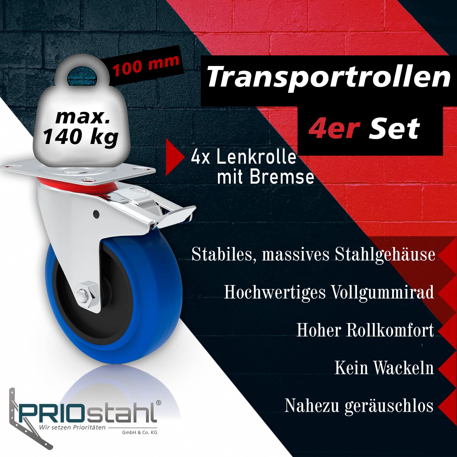 PRIOstahl Transportrollen 100 mm blau 4 Stück Bremse