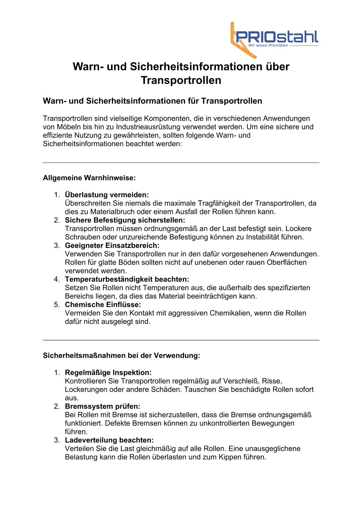 PRIOstahl Transportrollen 75 mm 4er Set orange mit Bremse