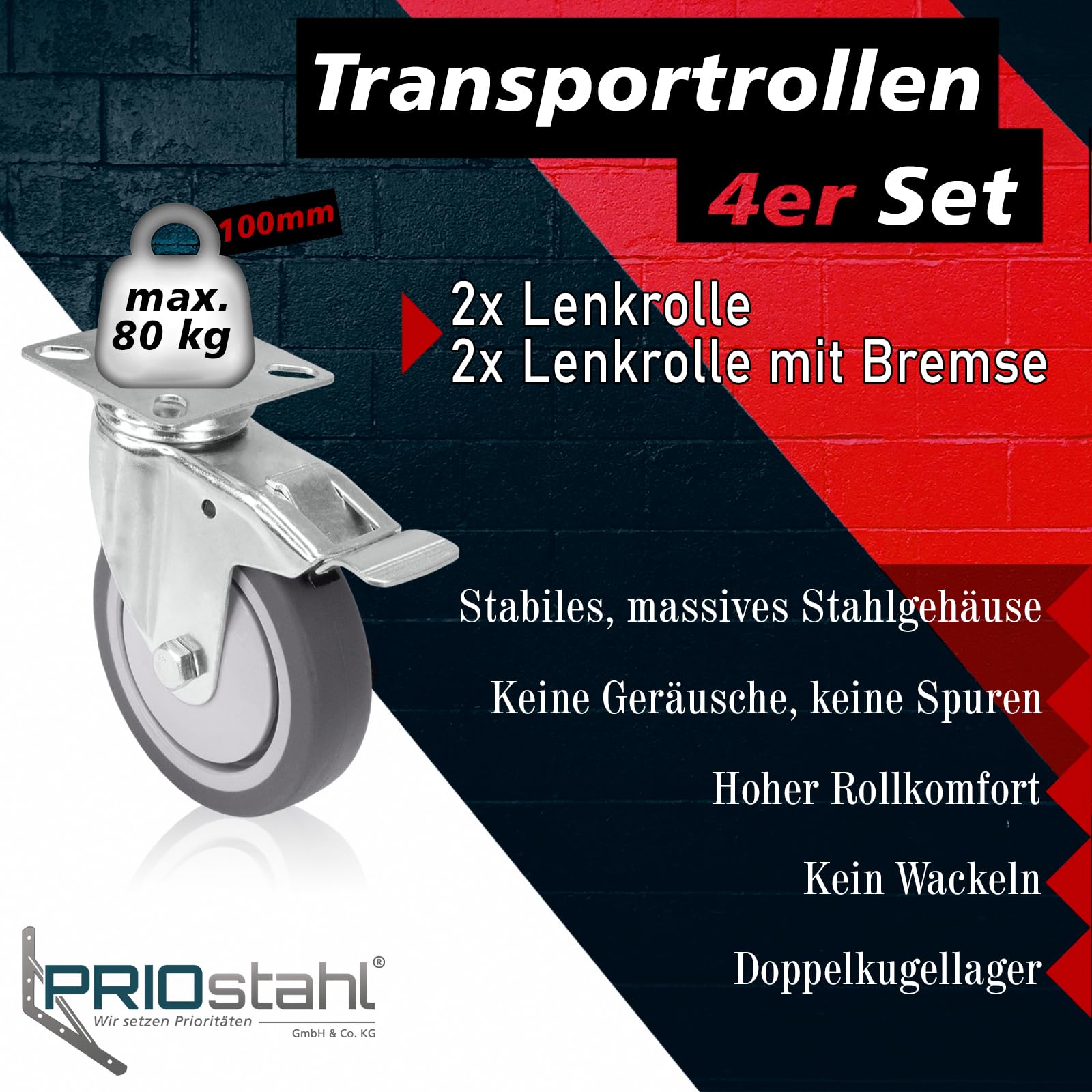 PRIOstahl Transportrollen 100 mm mit Bremse 4 Stück