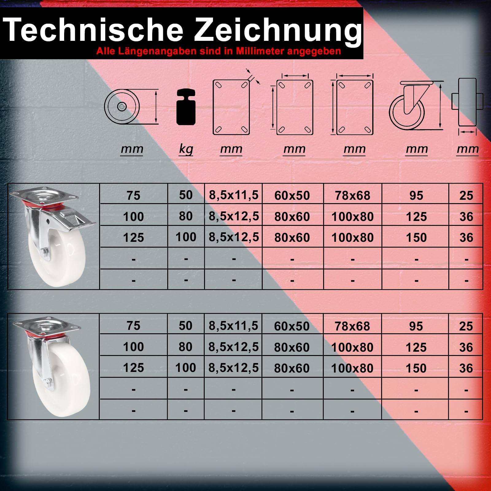 PRIOstahl Transportrollen 125mm Möbelrollen weiß 4er Set Bremse
