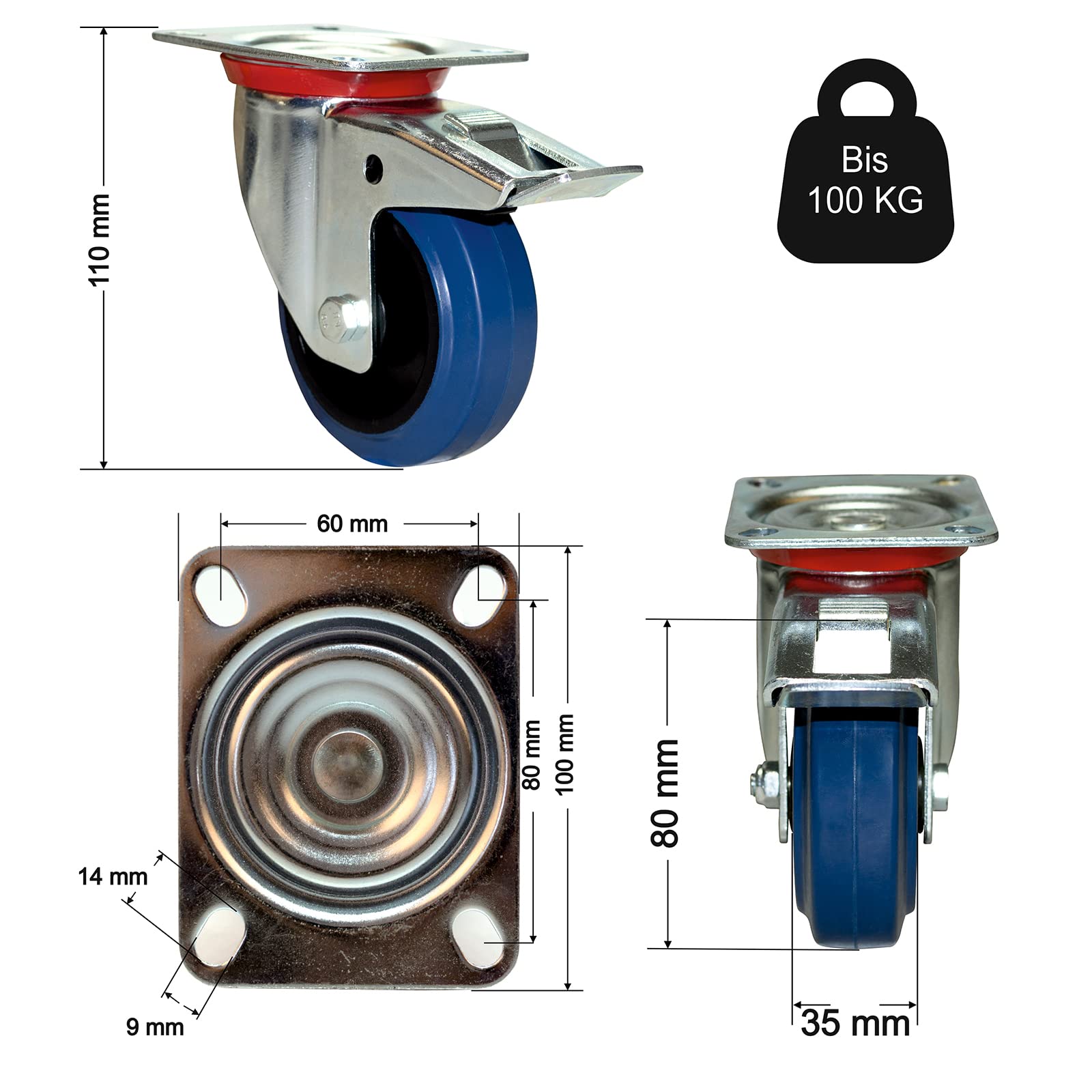 PRIOstahl Transportrollen 80 mm Set 4-tlg blau mit Bremse