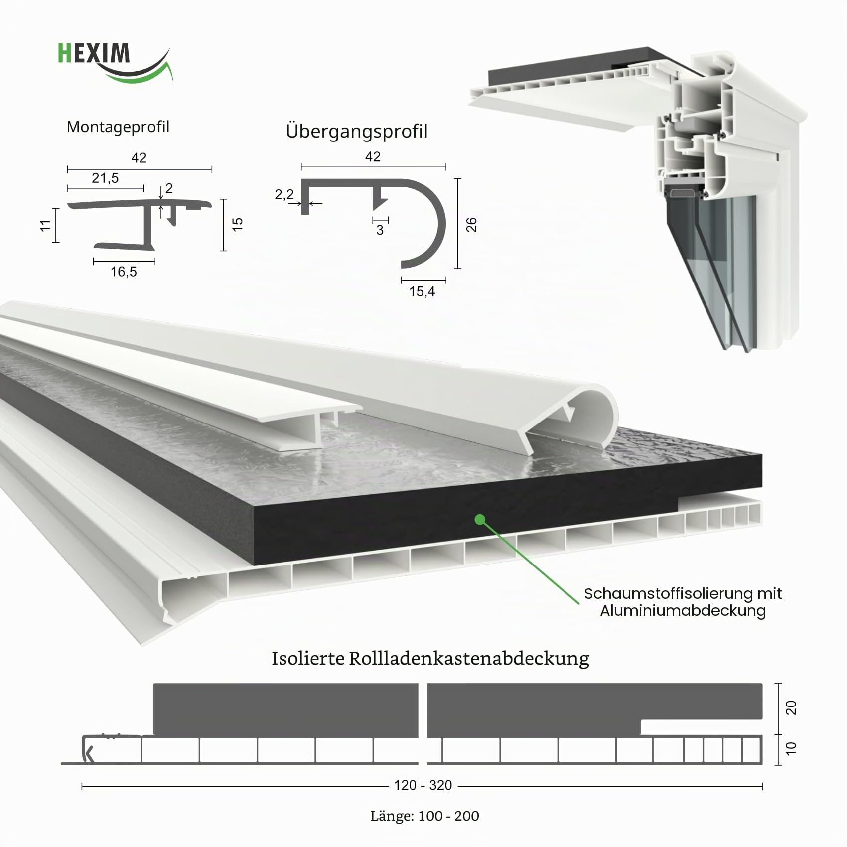 Hexim Aufnahmeprofil 42mm PVC Klemmprofil 2 Meter weiß
