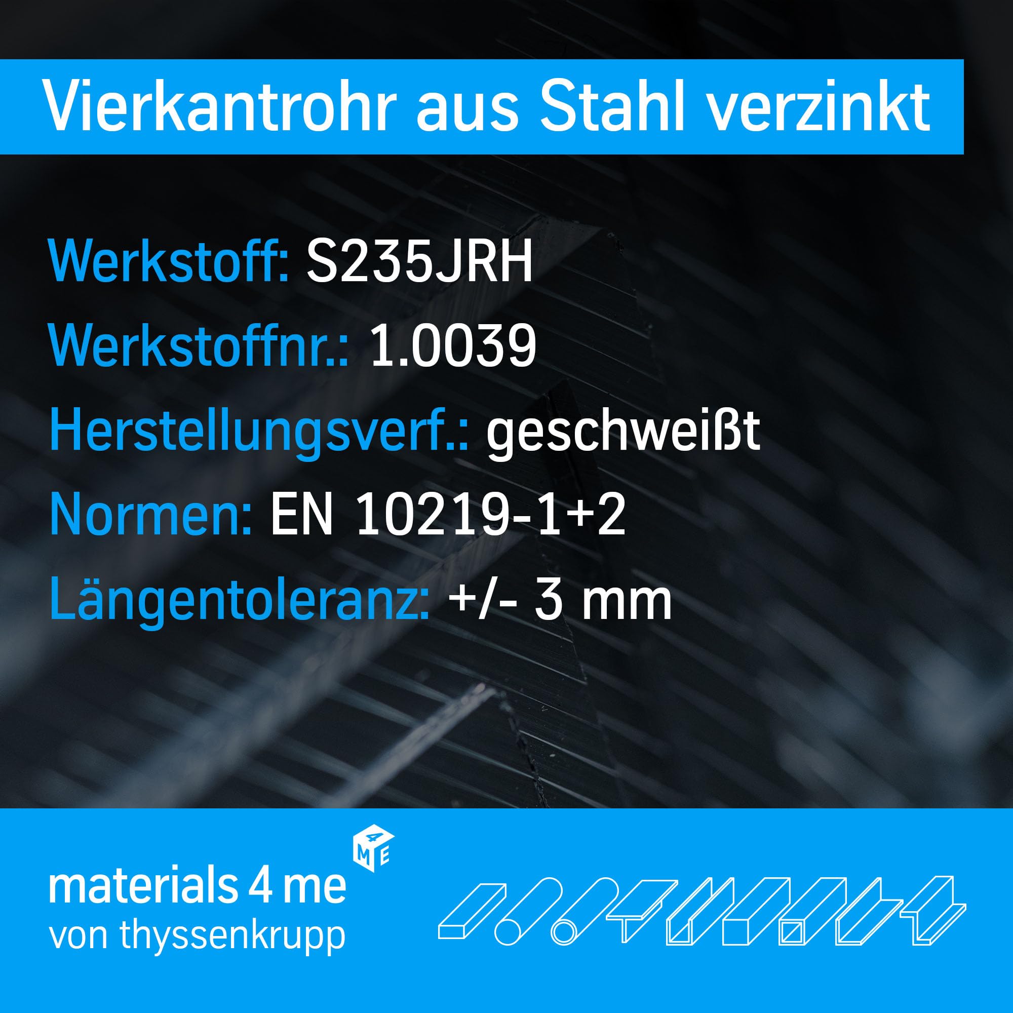ThyssenKrupp Steel Vierkantrohr 20x20x2 mm 1500 mm verzinkt
