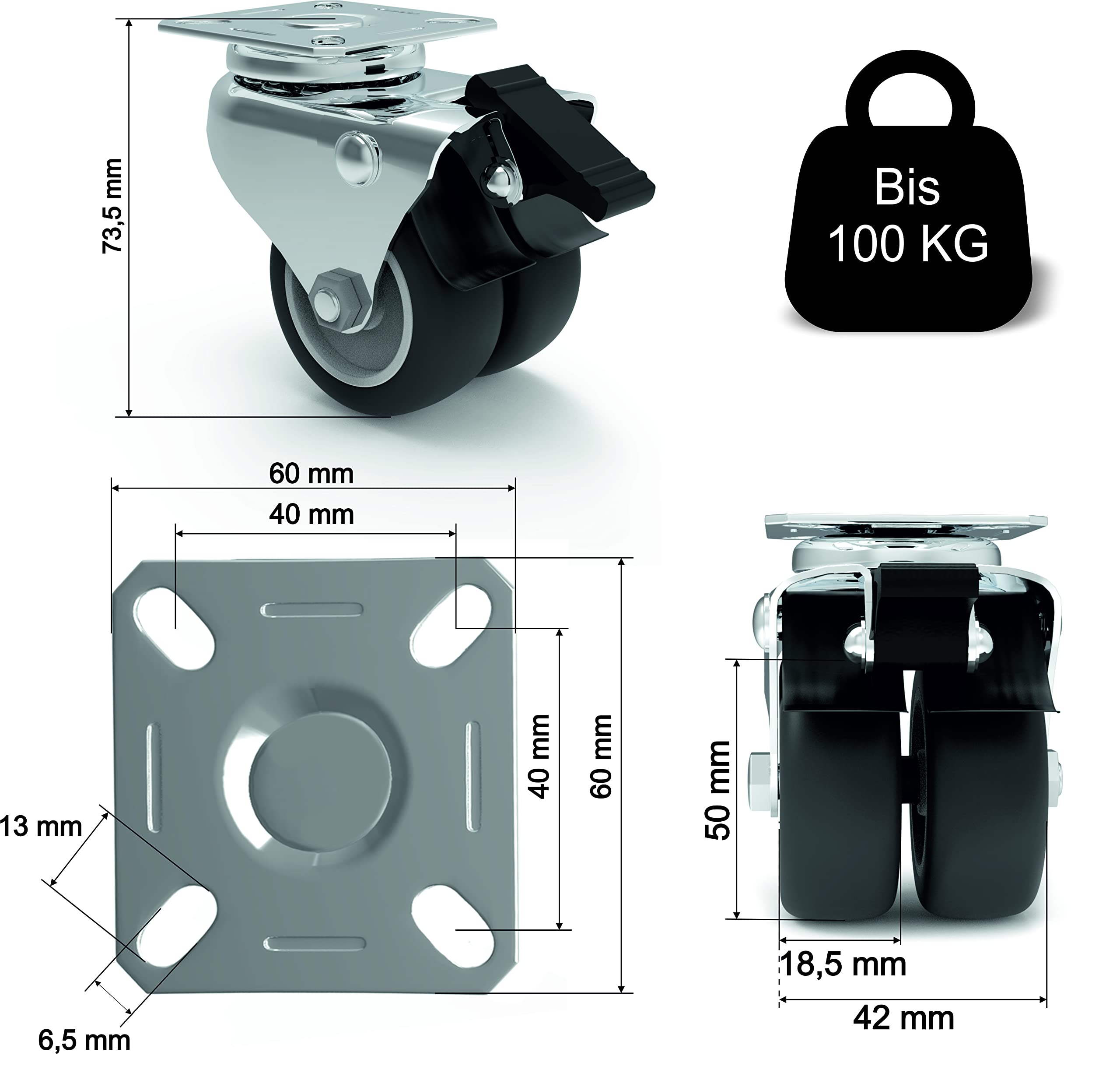 PRIOstahl Möbelrollen 50mm Schwerlastrollen 4er Set mit Bremse