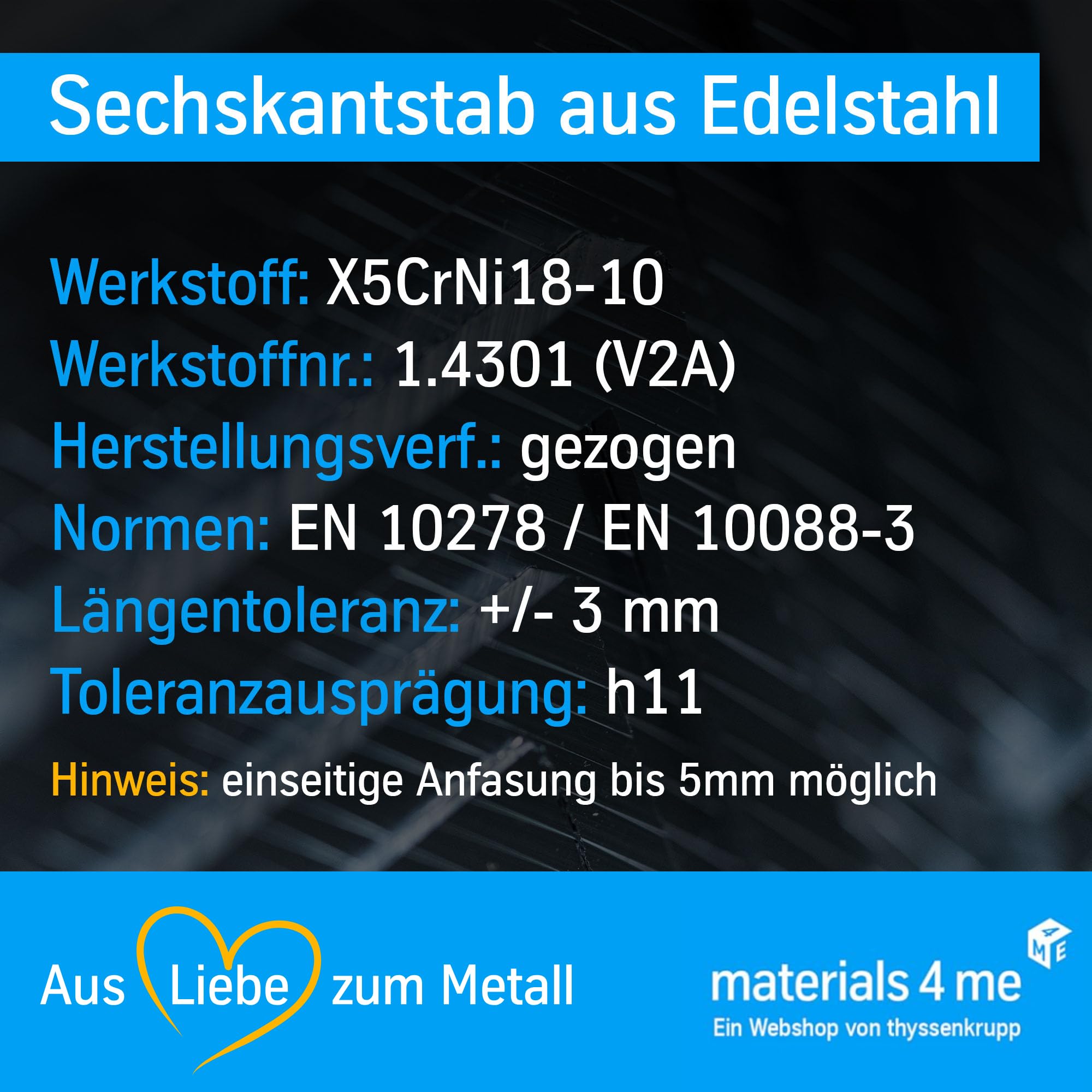ThyssenKrupp Stainless Steel Sechskantstange SW14 2000 mm V2A